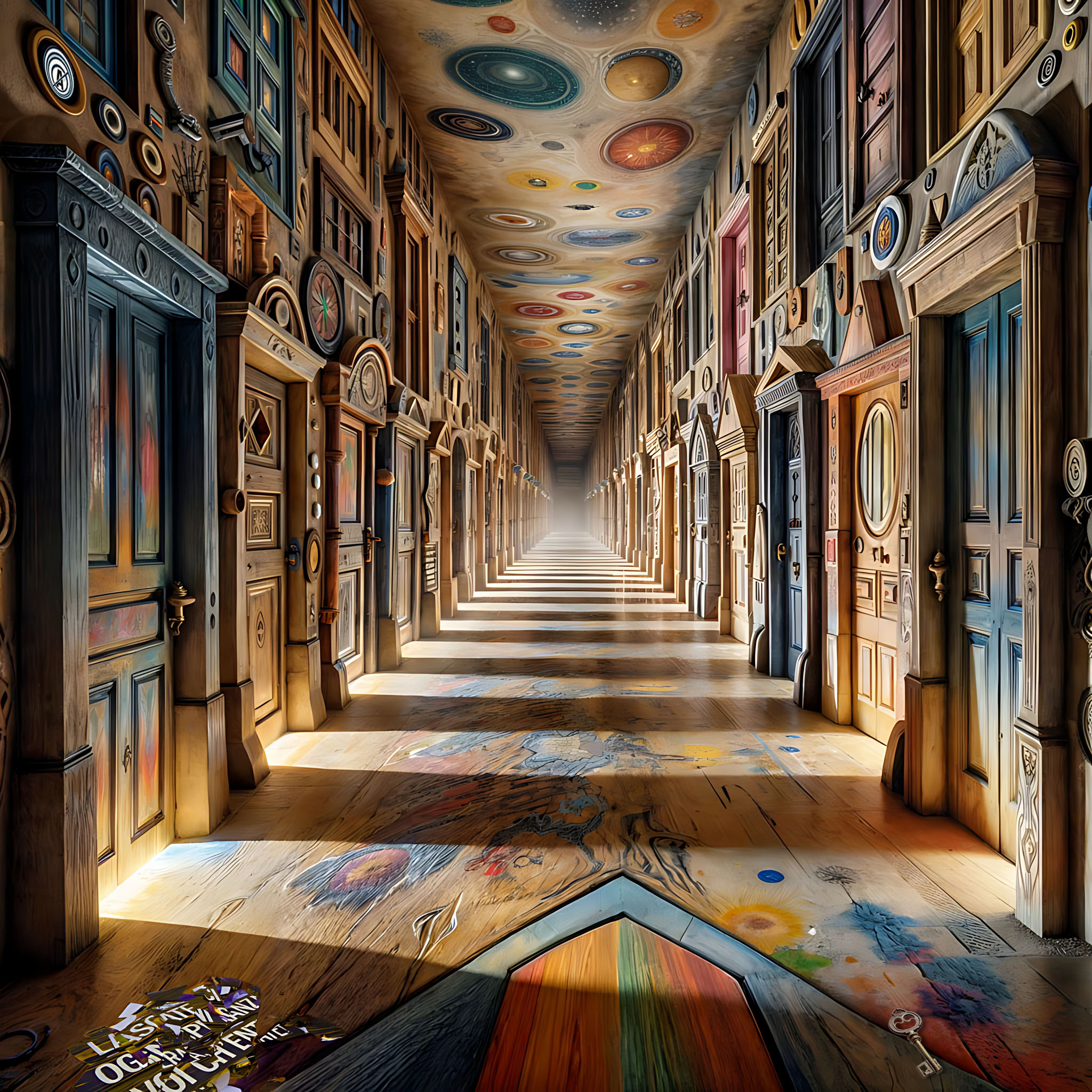 The cover art depicts a lengthy hallway, lined with many open doorways on either side, featuring a painted floor and a celestial-themed ceiling. A fractured sign rests at the front left, with a key positioned to the front right.