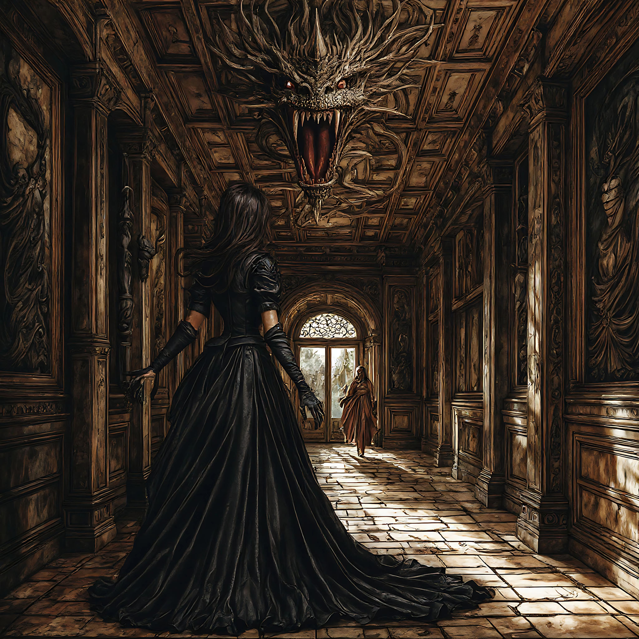 
The cover art shows a woman in a long black dress in a magnificent, dark corridor with a large, snarling dragon head on the ceiling, while another person stands at the end of the hallway before a bright door.
