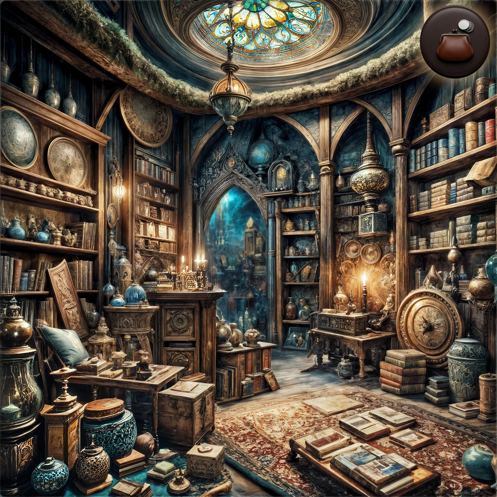 Tychonian Cover Art 001 The cover art shows the interior view of an old, richly filled antique shop with high shelves full of books, antique vases, candlesticks, and a large, ornate carpet on the floor under a dome with a colorful stained glass window. A digital button depicts a vintage coin purse.