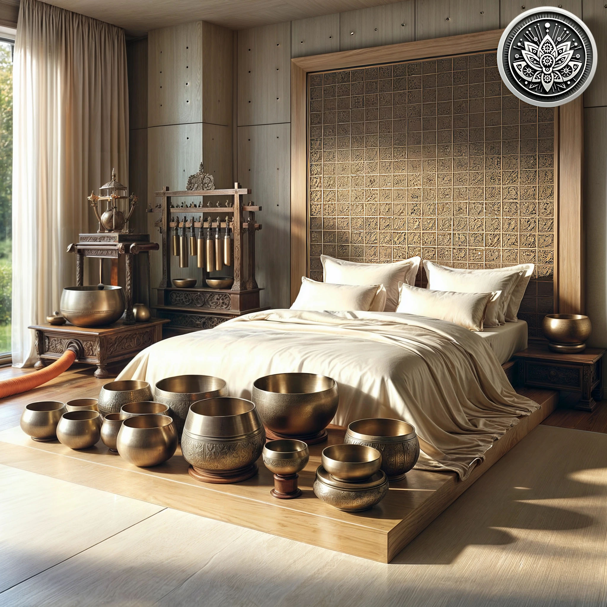 Tychonian Cover Art 001 The title image shows a bedroom with a large bed on a platform, surrounded by various singing bowls and a gong stand, to which an orange hose leads. A digital button displays a mechanical lotus flower.