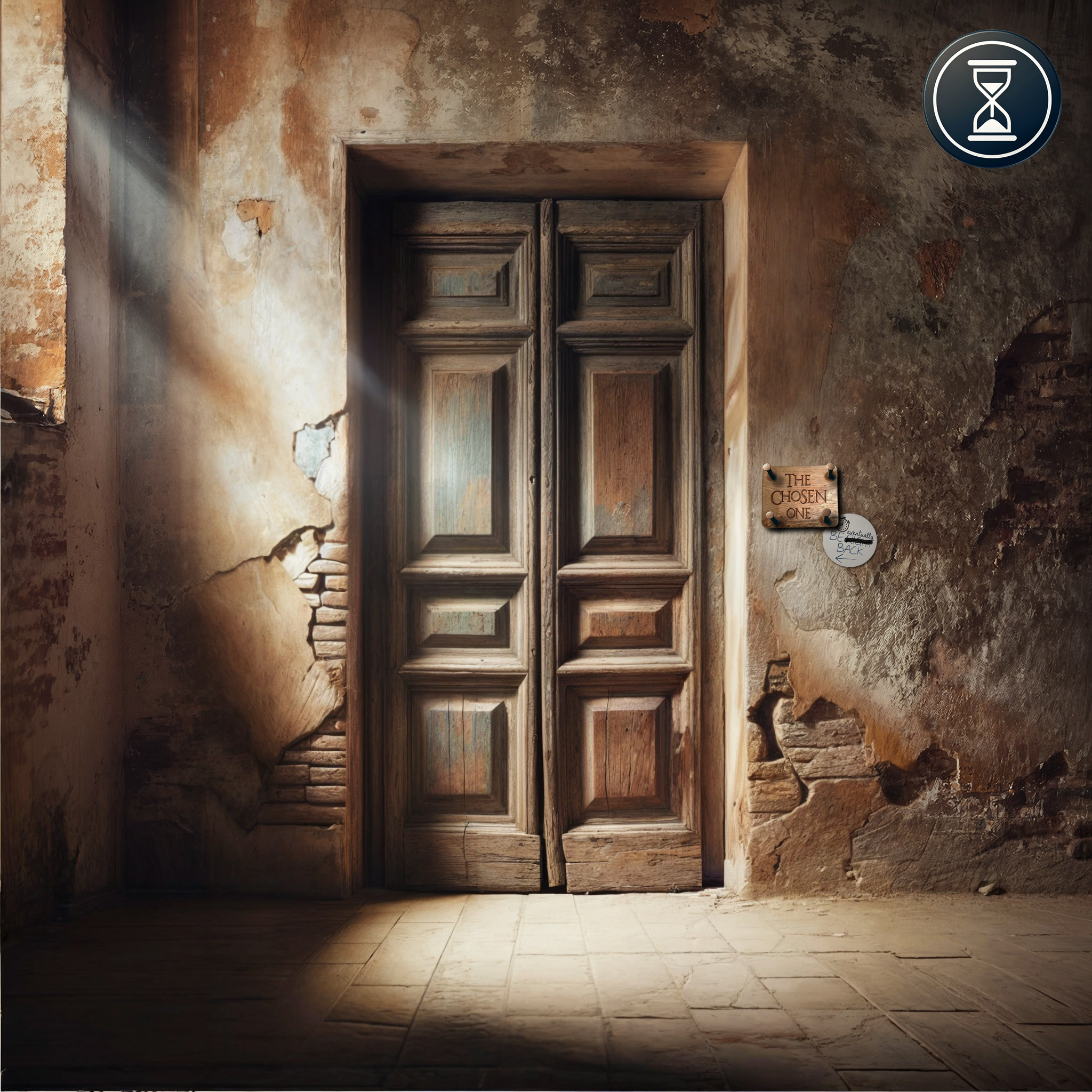 Tychonian Cover Art 001 The cover art shows an old, wooden double door in a crumbling wall with beams of light and a sign that reads "THE CHOSEN ONE," to which a note with "Be eventually back" is attached. A digital button displays an hourglass.