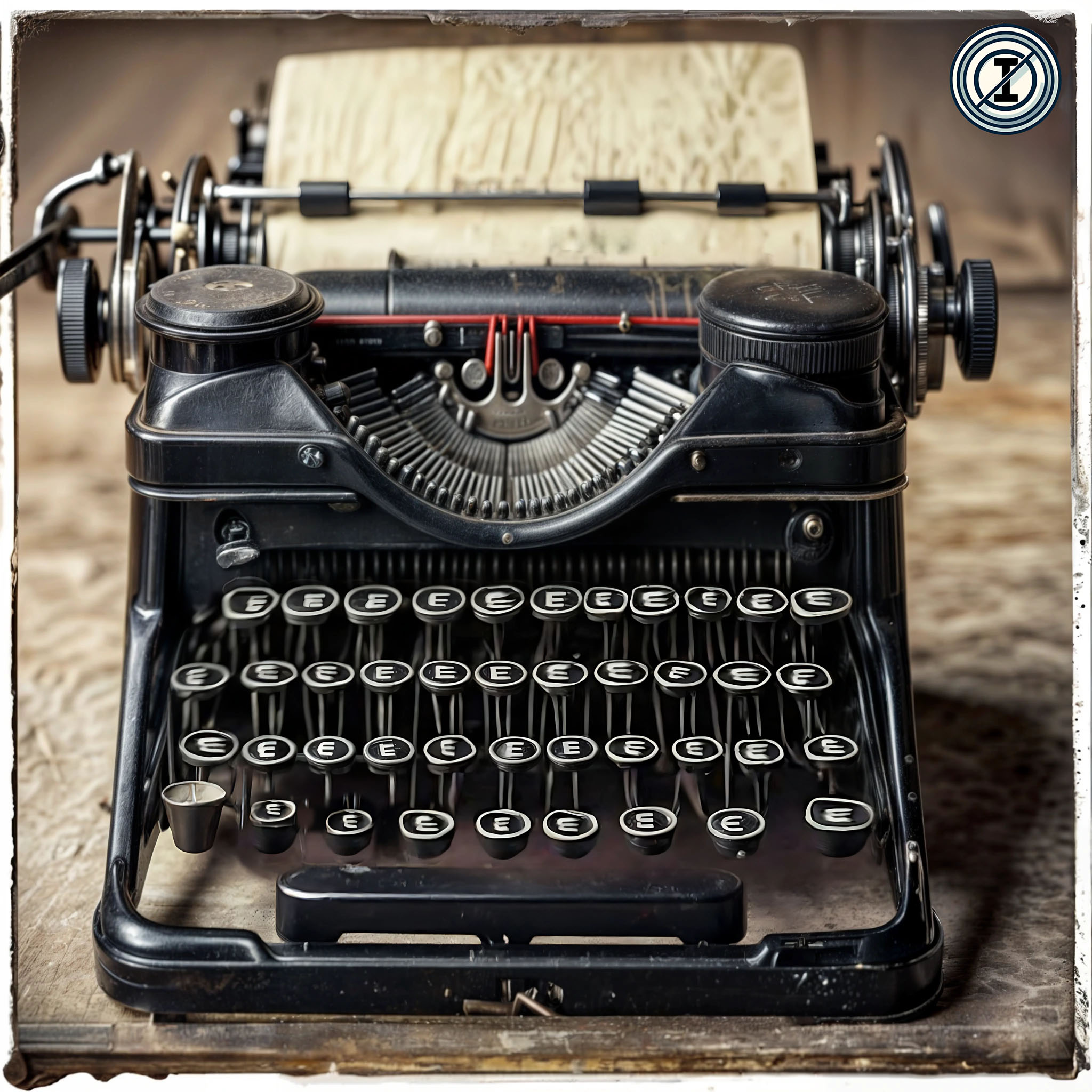 The cover art features a vintage black mechanical typewriter, paper already loaded, its round keys all bearing the letter E. A digital button displays a crossed-out 'I'. 