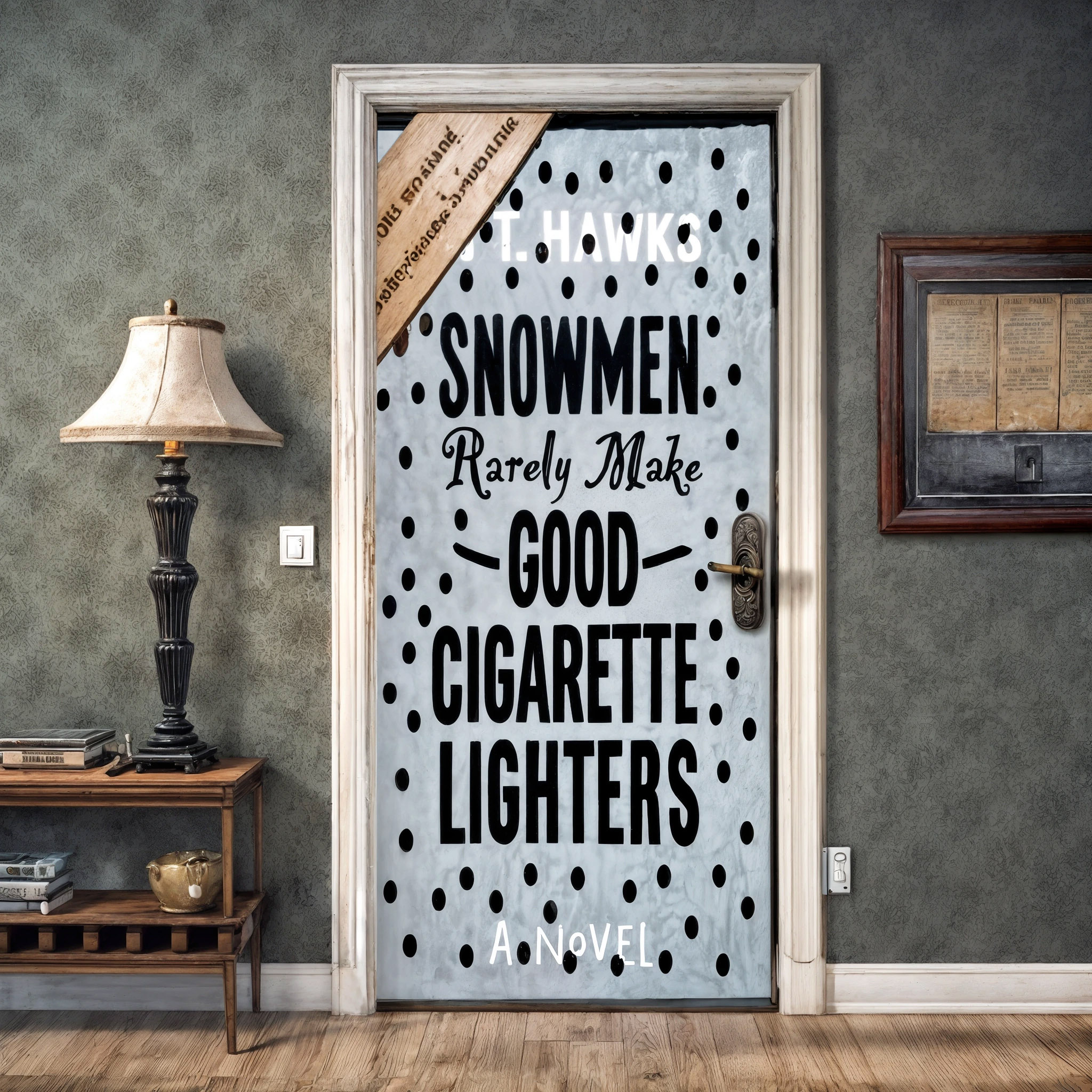 The cover art shows a door with a book cover design for the novel "Snowmen Rarely Make Good Cigarette Lighters" by T. Hawks, featuring black lettering and black dots on a light blue background within a classic room setting, complete with a floor lamp and a side table.