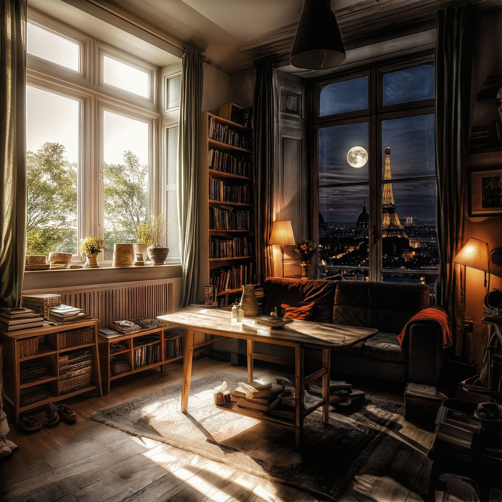 The cover art depicts a living room furnished with a bookshelf, sofa, and wooden table, complemented by two expansive windows. One window offers a daytime view of trees, while the other reveals the Eiffel Tower and a full moon under the night sky.