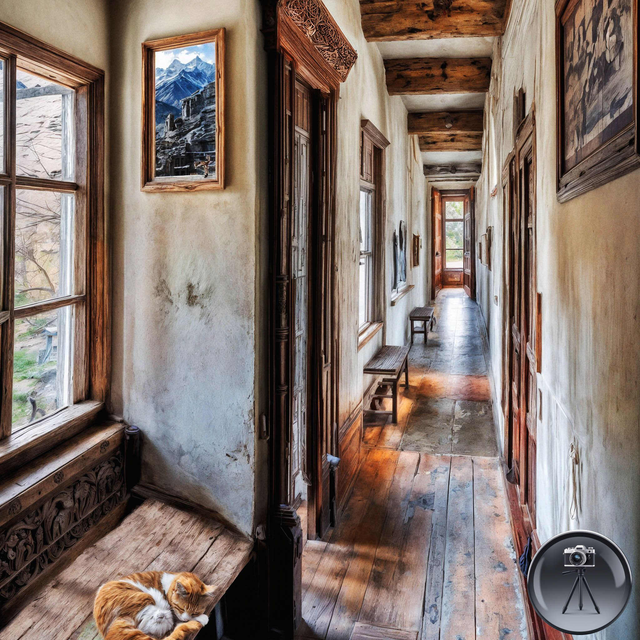 The cover art shows a long hallway with a wooden floor and carved wooden frames on windows and doors. A sleeping orange and white cat lies on the left windowsill. A digital button displays a camera on a tripod.
# AI Review v2