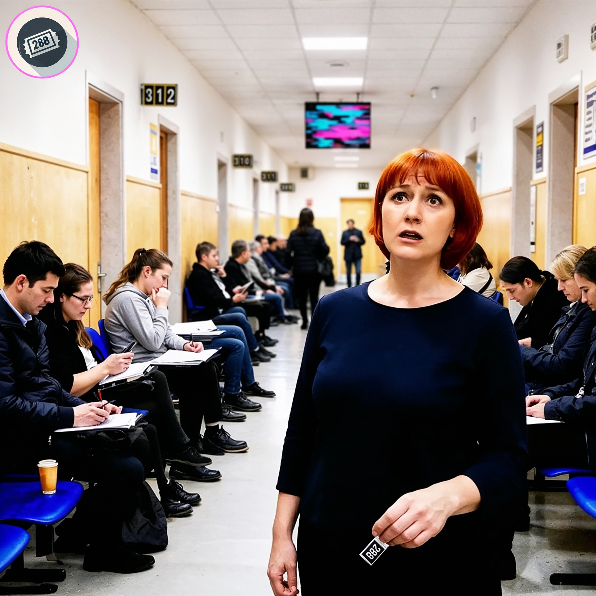 The cover art shows a red-haired woman in a black top, standing in a hallway teeming with people seated on blue chairs, their numbers displayed above the doors. Clutching a card marked "288," she gazes upward, a look of surprise or worry crossing her face.