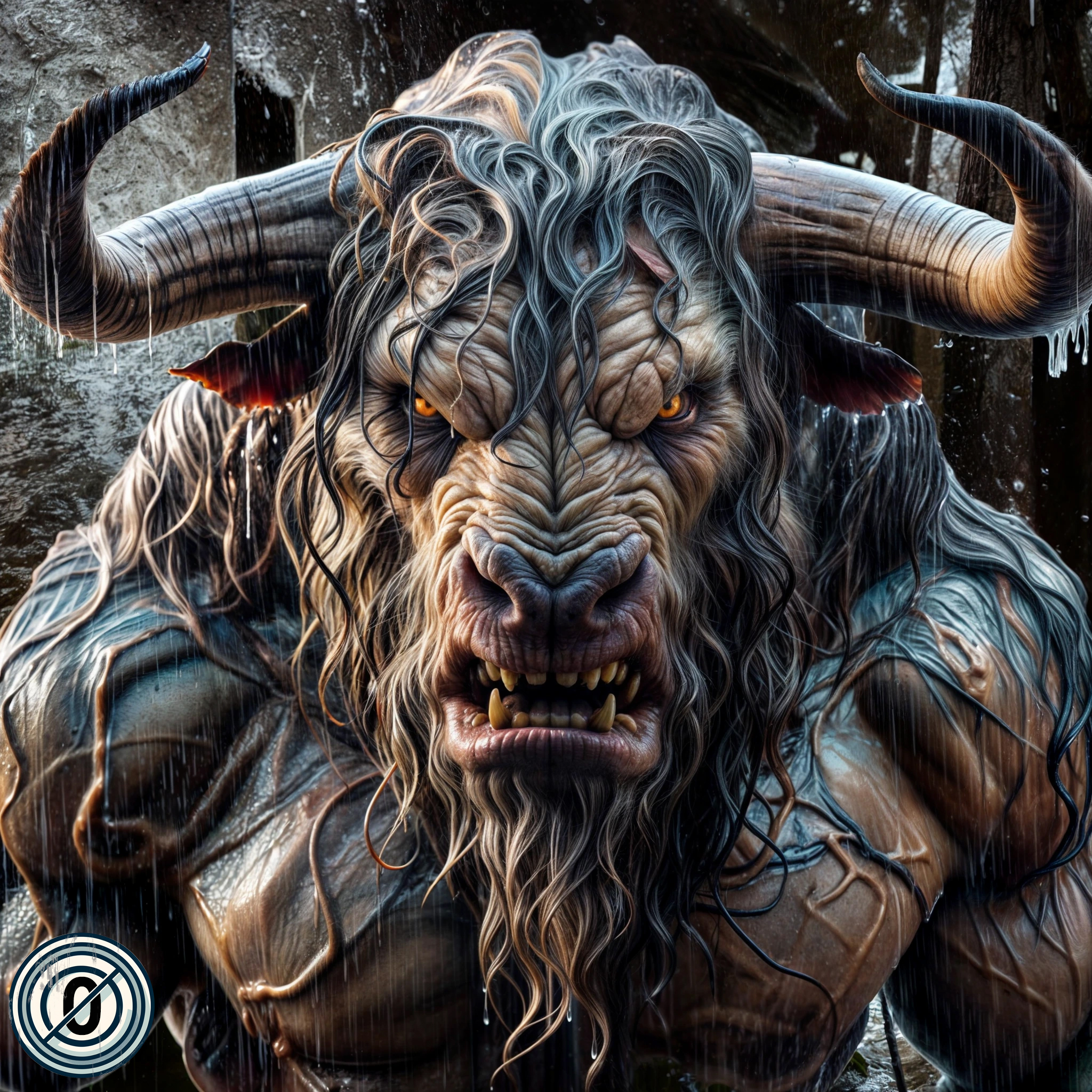 The title image shows a close-up of a muscular, human-like being with the bearded, shaggy face of a bull, large curved horns, and yellow eyes. A digital button shows a crossed-out O.