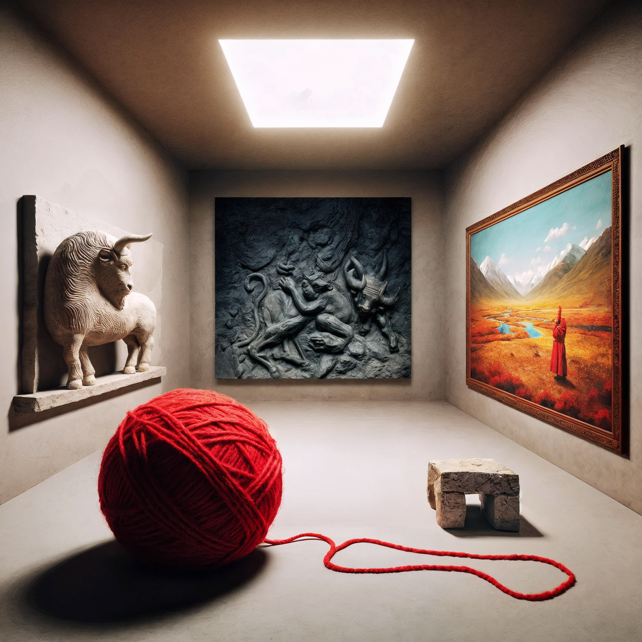 
The cover art depicts a room adorned with art: a buffalo sculpture stands to the left, a relief of figures locked in combat occupies the center, and to the right, a framed landscape painting features a person in a red garment. Before the painting rests a large, crimson ball of yarn, its thread unspooling towards a modest stone bench.