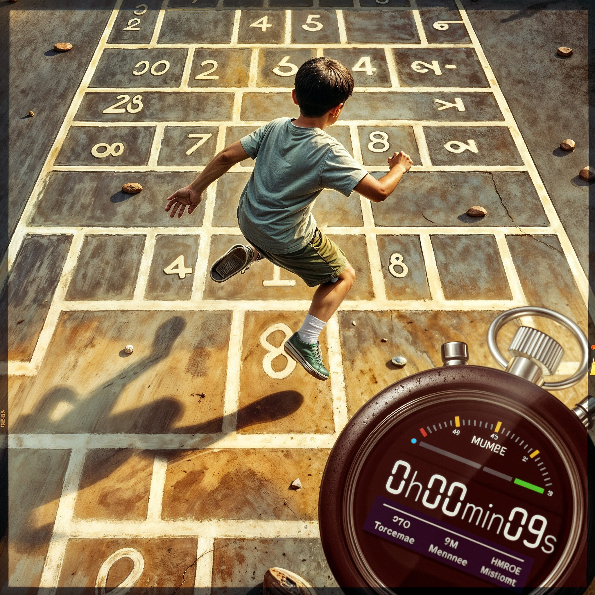 The cover art captures a boy leaping across a numbered hopscotch grid on the floor, a stopwatch in the foreground ticking at "0h00min09s".