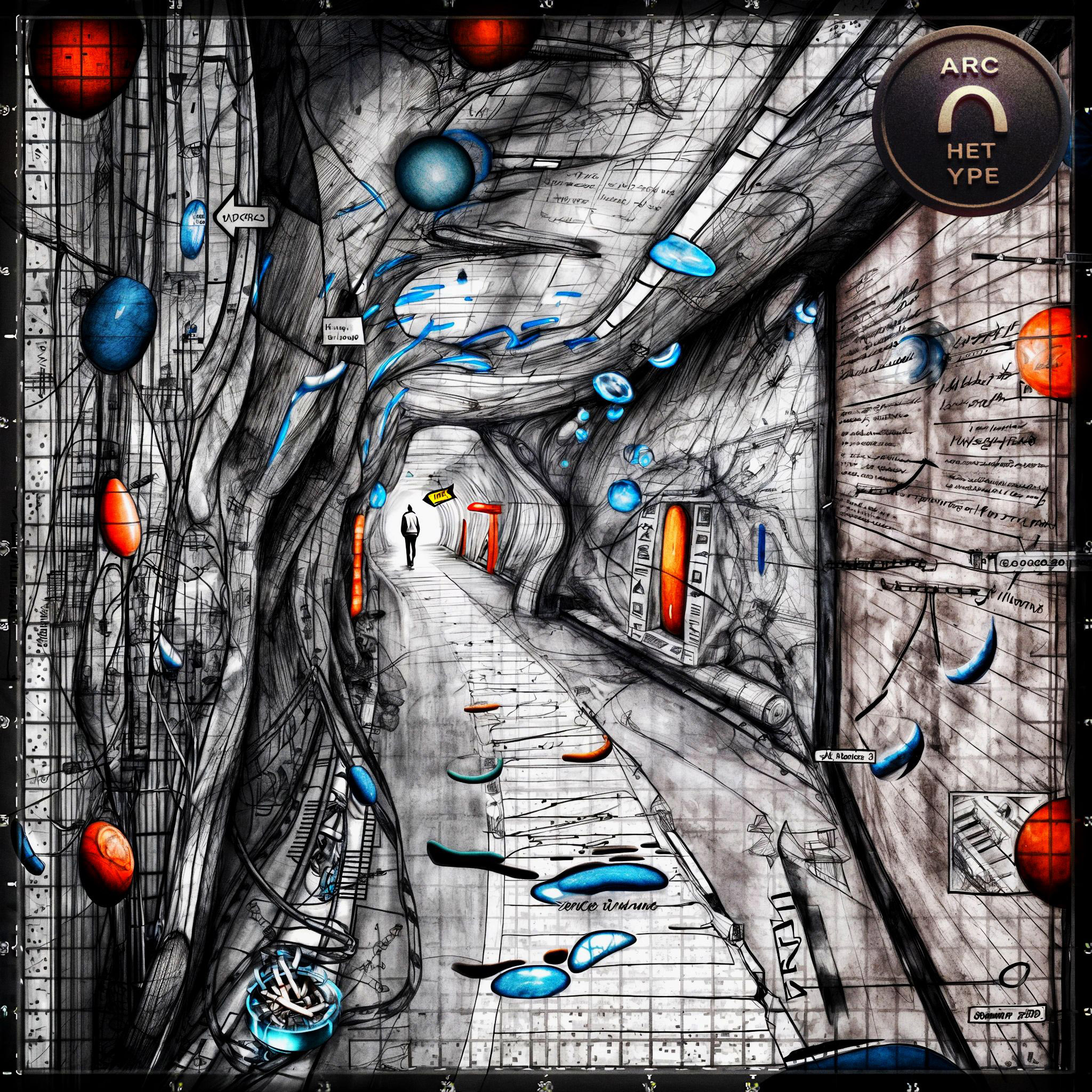 The cover art depicts a dynamic, minimalist line drawing of a spiraling tunnel. Blue and red dots punctuate the darkness, leading to a lone figure at the tunnel's end. A digital button displays an arc alongside the text "ARC, HET, YPE."
