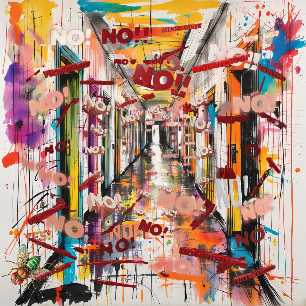 The cover art presents a vibrant, abstract scene of an expansive corridor lined with countless doors, all emblazoned with "NO!" in a chaotic mix of fonts and hues. A prominent, vividly colored fly is perched in the bottom-left.
