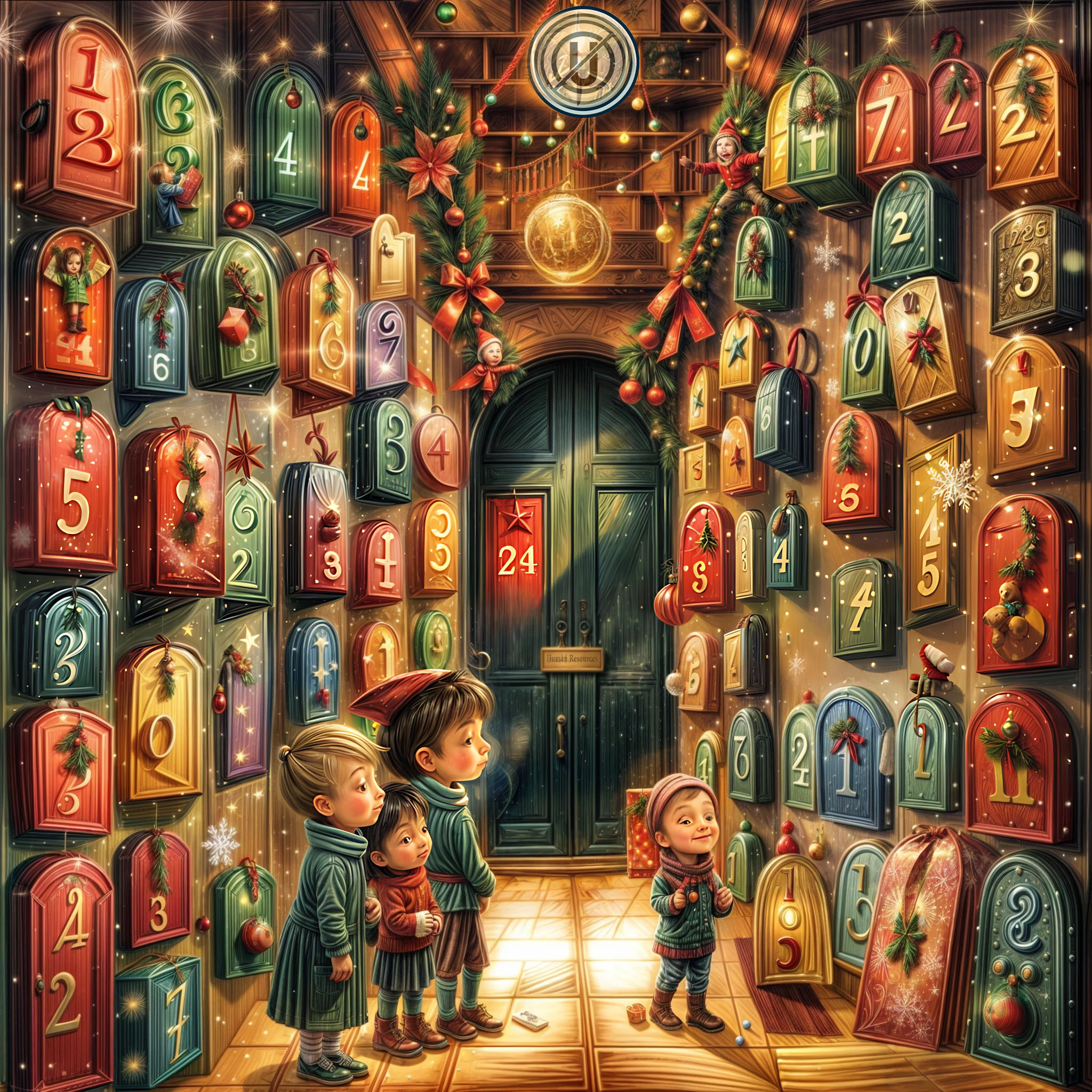 The cover art features four children standing before a large green door marked '24'. They're encircled by numerous small, gift-like doors numbered 1 through 23, adorning the walls. A digital button displays a 'U' with a line through it.