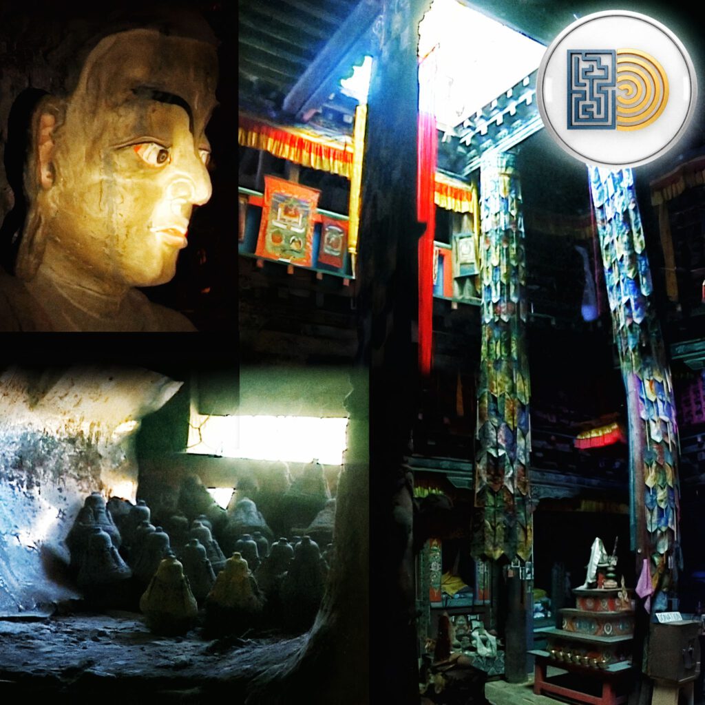 The cover art depicts the interior of a Buddhist temple, featuring painted columns and draped fabrics, the serene face of a statue, and a shadowed alcove housing numerous small figurines. A button displays a graphic combining a maze and a swirling labyrinth.