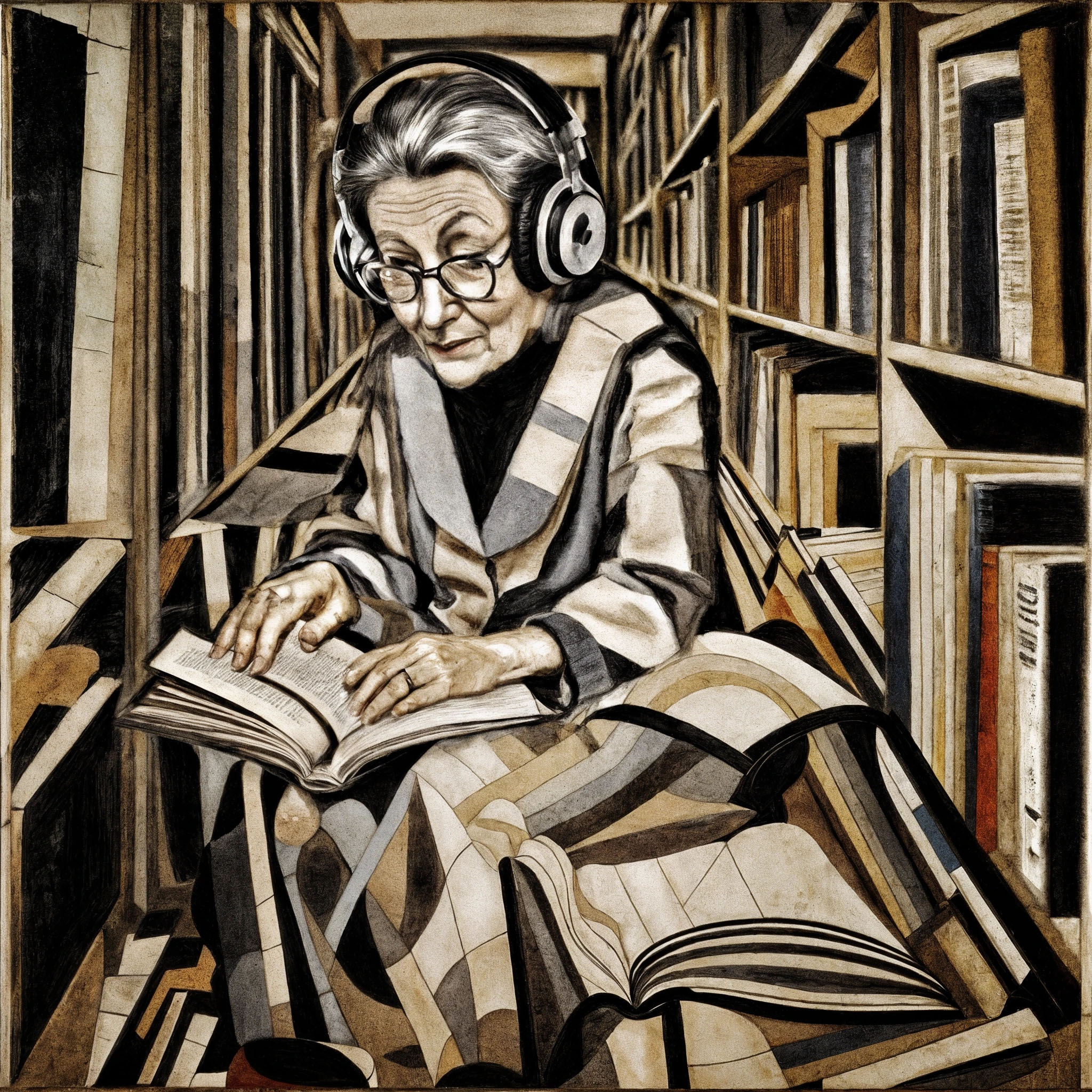 The cover art shows a bespectacled, headphone-clad older woman nestled among bookshelves, engrossed in an open book.
