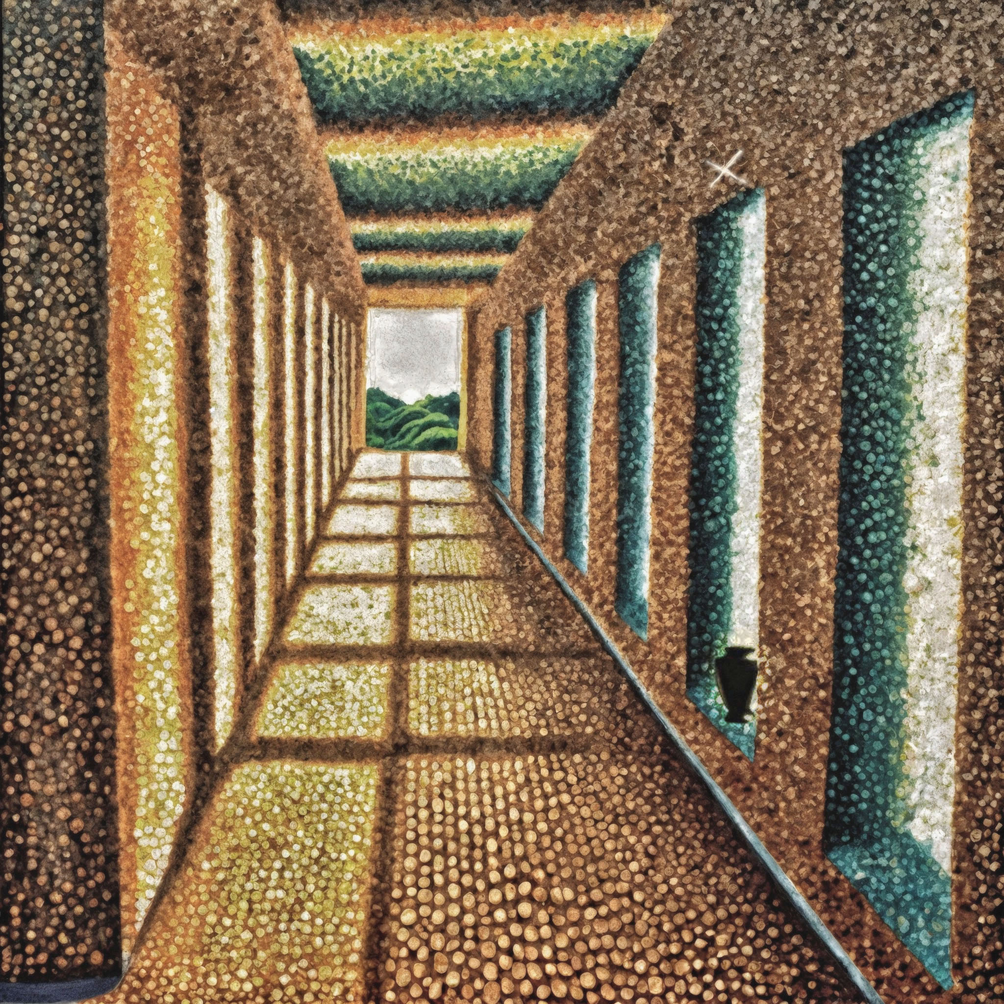 The cover art, rendered in an impressionistic style, depicts a lengthy hallway. On its right, a series of rectangular window openings punctuate the wall, leading the eye to a verdant vista at the corridor's end. An urn is positioned within one of these window apertures.
