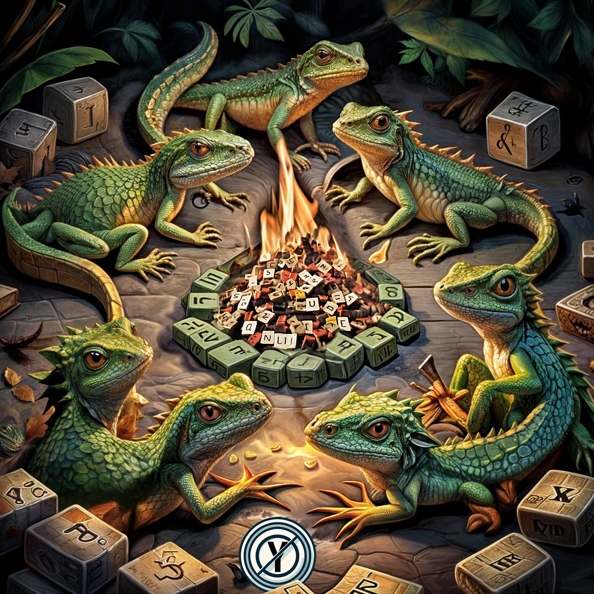The cover art shows six green lizards with scaly skin, partly merging into each other. They are grouped around a campfire made of letter stones, on a stony ground in a dense jungle. A button in the image shows a crossed-out Y.