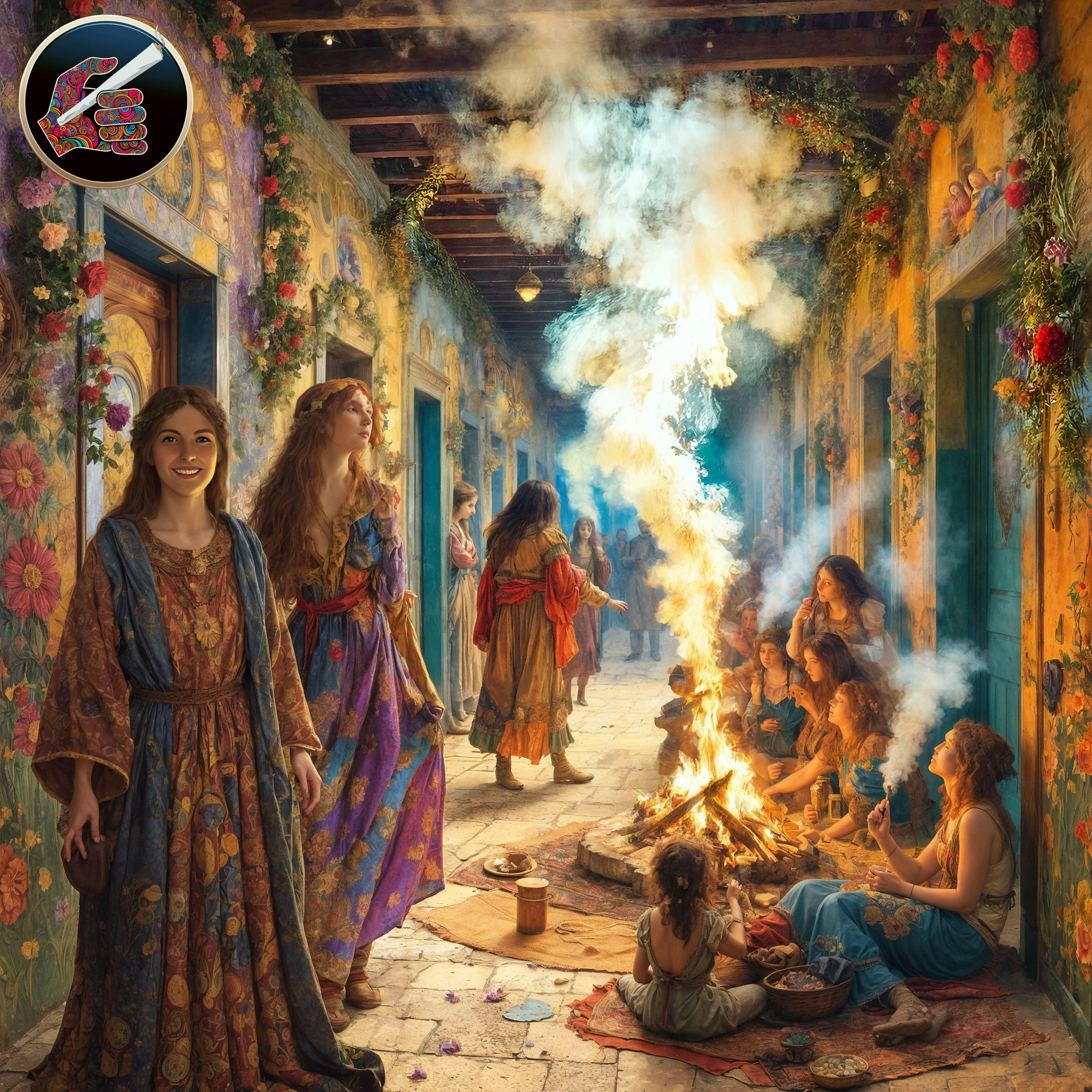 The cover art depicts a flower-lined passageway where women in flowing, patterned garments and children are clustered around a smoky fire. Accompanying this is a digital icon: a cannabis joint clutched by a hand bursting with psychedelic hues.