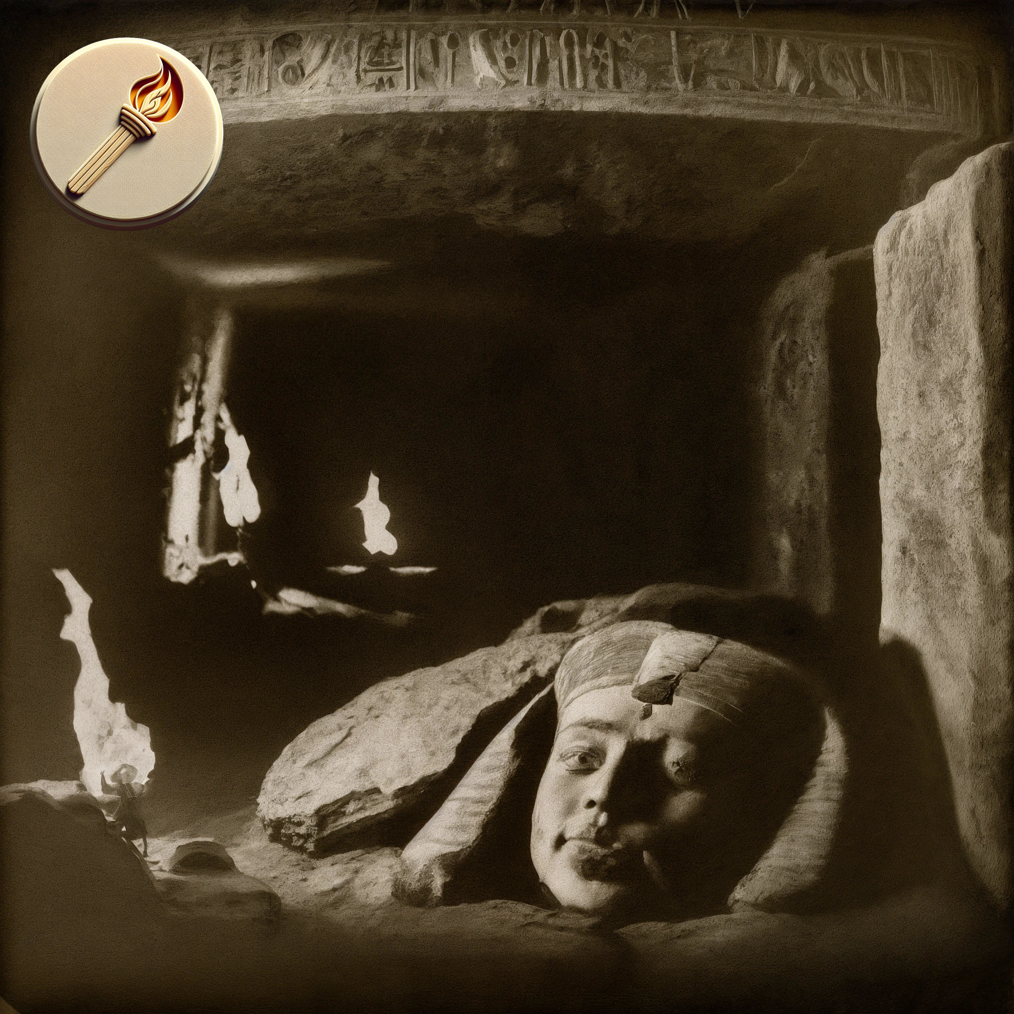 The cover art shows a burial chamber with a reclining statue of an Egyptian pharaoh and several burning torches on the walls. A digital button in the upper left corner shows a pictogram of another torch.
