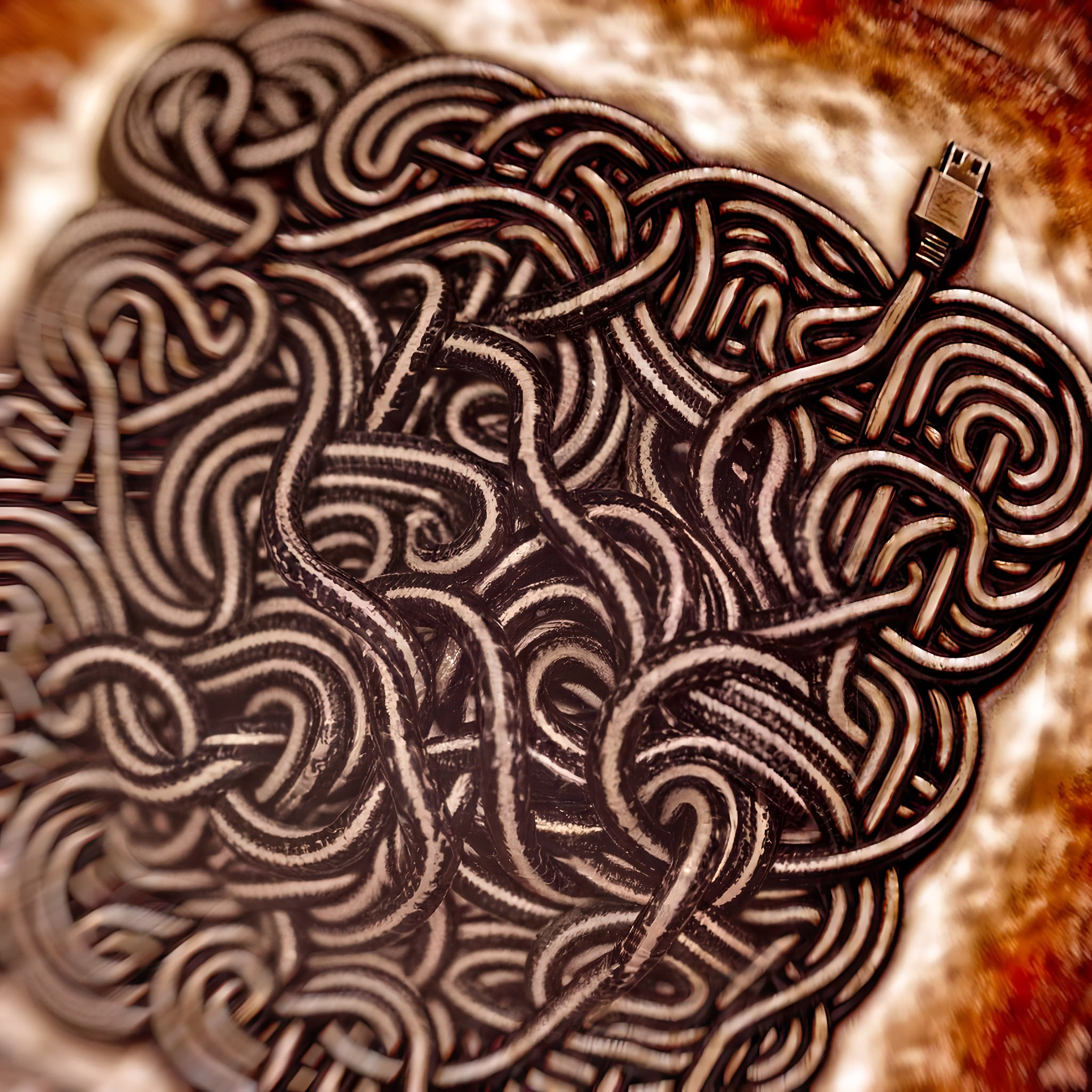 The cover art depicts a tangle of black cables, a USB plug peeking out from the right side against a pale backdrop.