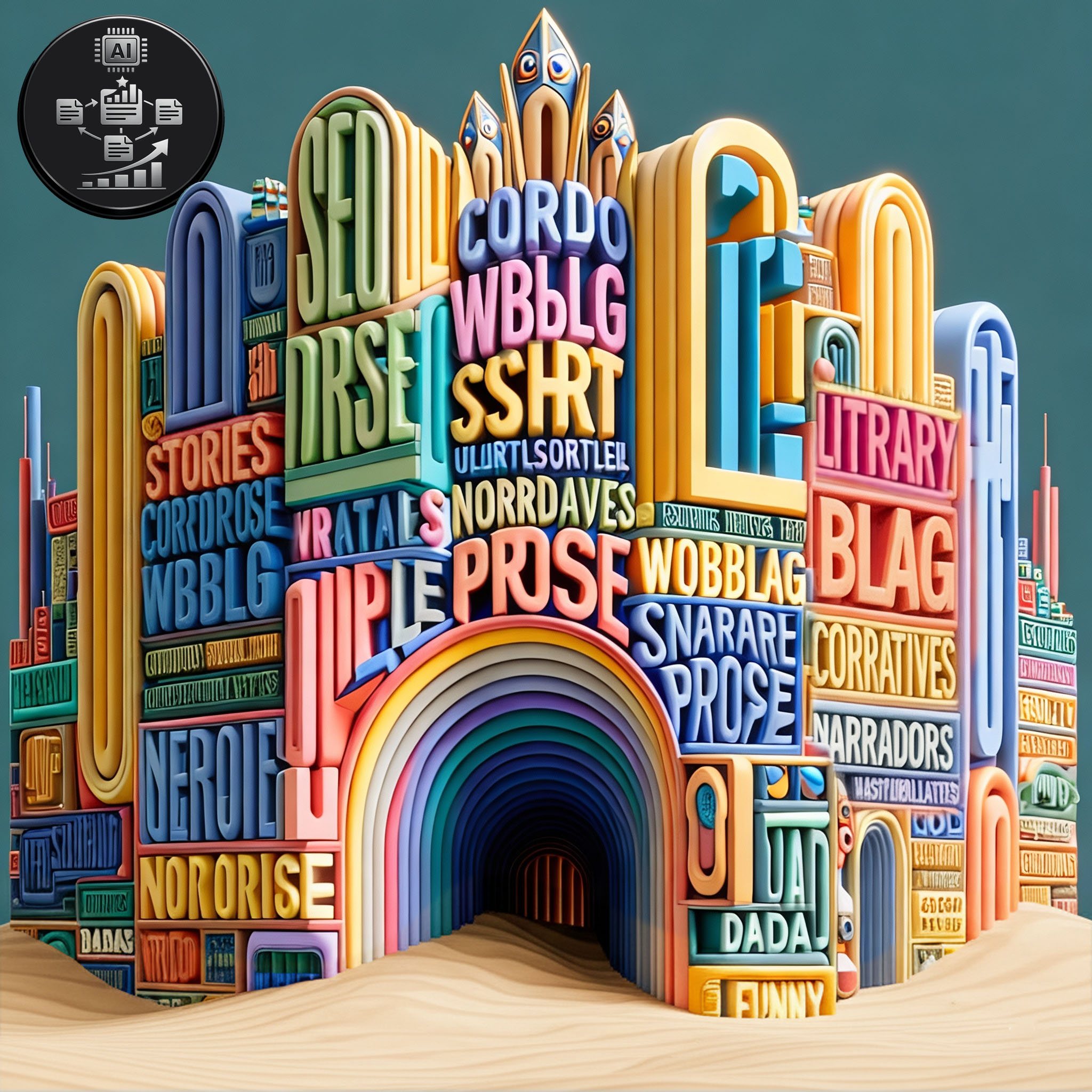 The cover art depicts vibrant, architecturally sculpted letters and words, weaving into an intricate, arched formation with a central dark tunnel, all set against a sandy foundation. In the top-left corner: a digital button adorned with an AI chip icon and business charts.