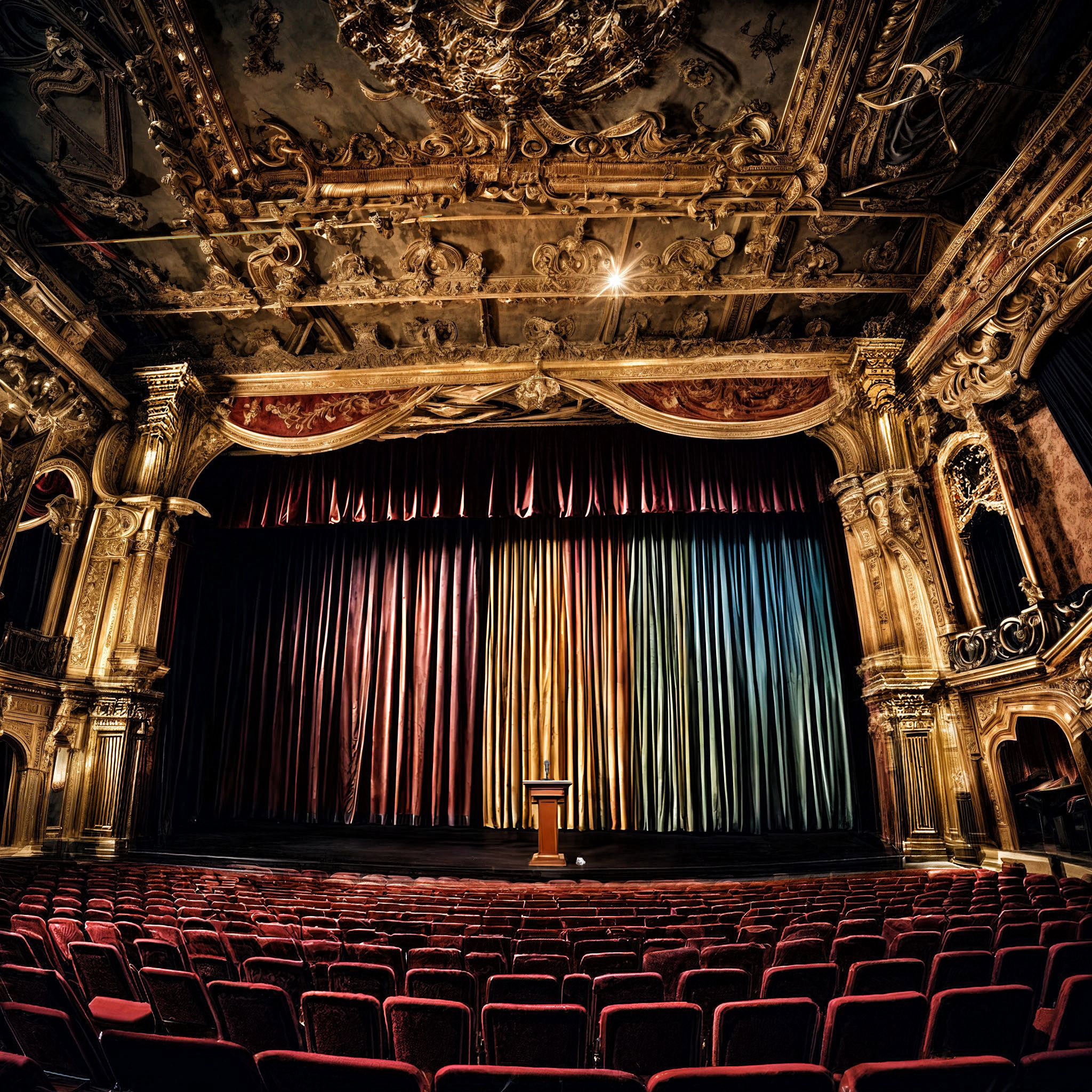 The cover art presents a grand theater stage, complete with a closed, vibrant curtain and a lectern positioned before it. Ornate golden stucco work and rows of crimson seats in the audience area frame the scene. A crumpled piece of paper rests beside the lectern.