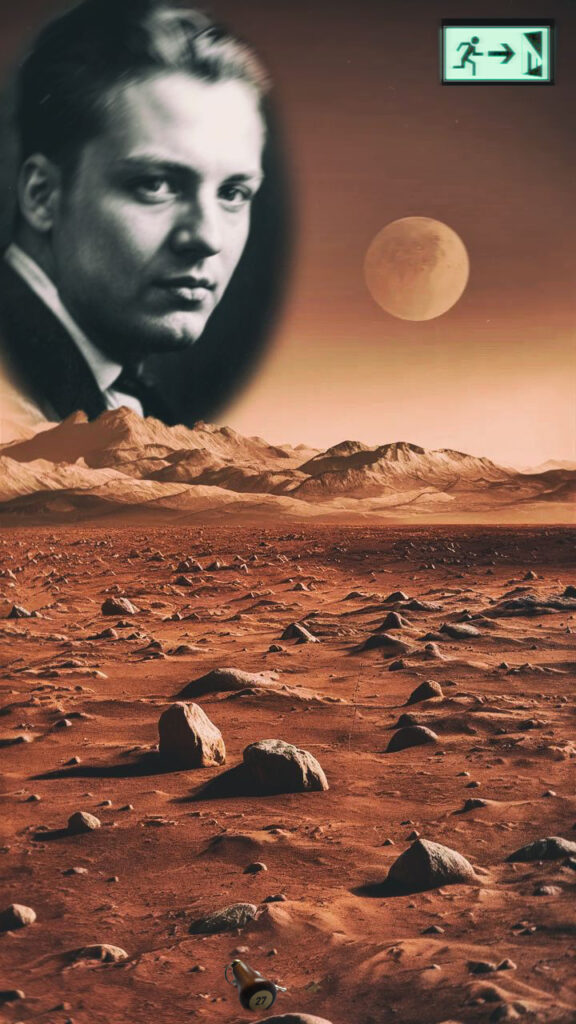 The cover art shows the portrait of a man in front of a barren, rocky Mars landscape with a large moon in the sky. In the upper right corner, a kind of green emergency exit sign is superimposed. A key lies in the sand, its fob bearing the number 27.