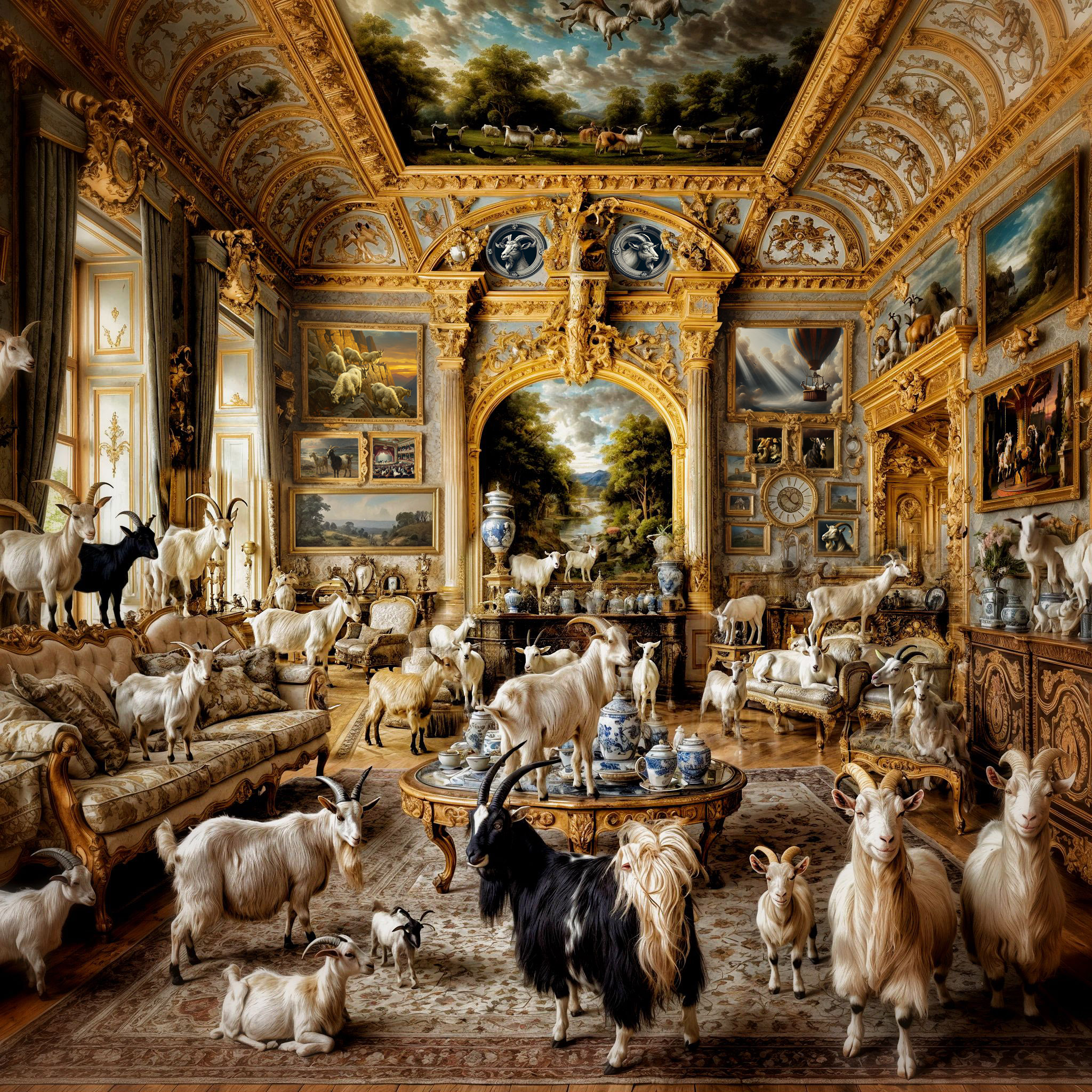 The cover art depicts a lavish room, adorned with gilded stucco, featuring a multitude of paintings lining the walls and a ceiling fresco. Amidst this opulent setting, numerous goats of varying sizes are scattered, resting or standing on the furniture and rug.