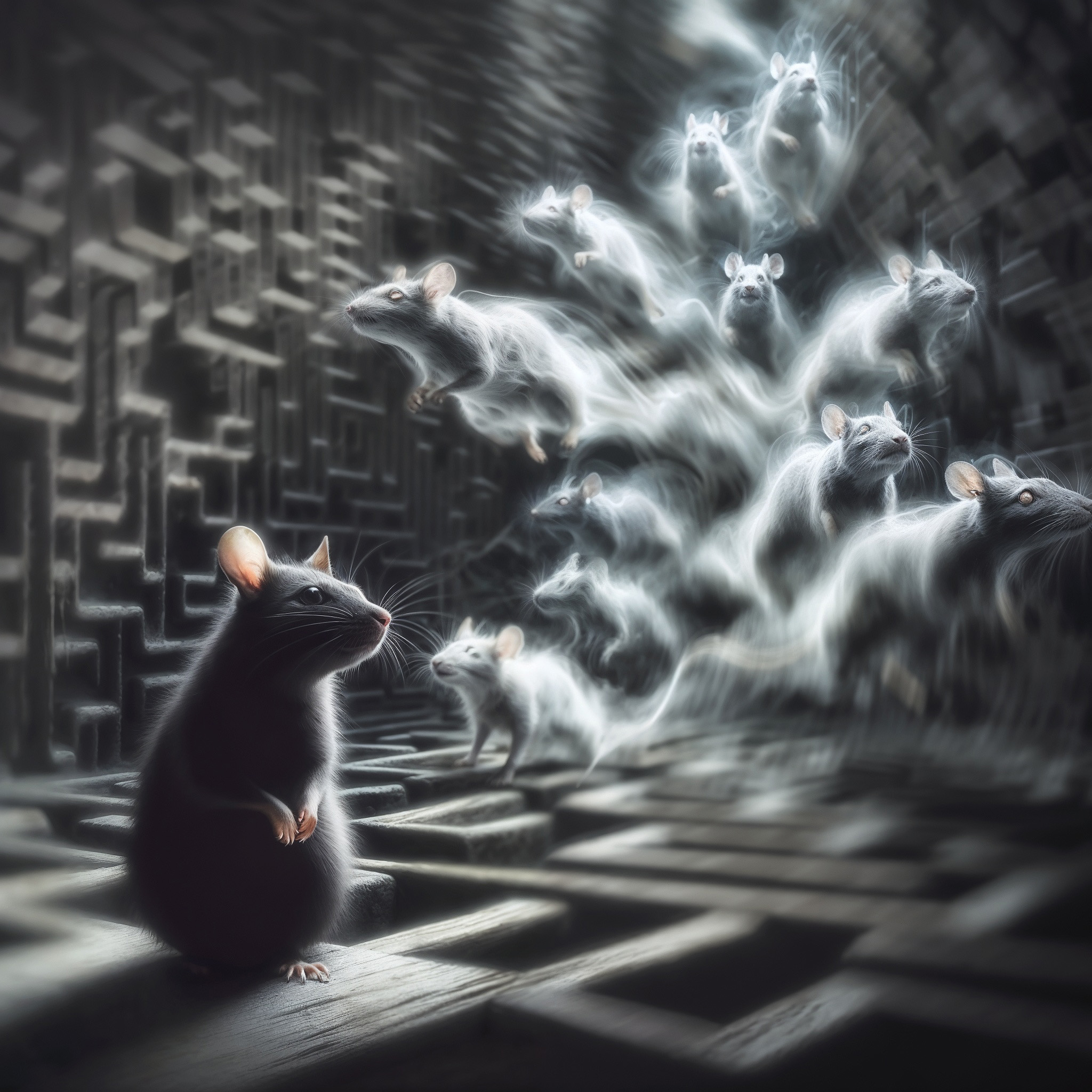 The cover art features a black mouse or rat amidst a maze that also covers the walls.. Ethereal, ghost-like members of its species hover behind it.