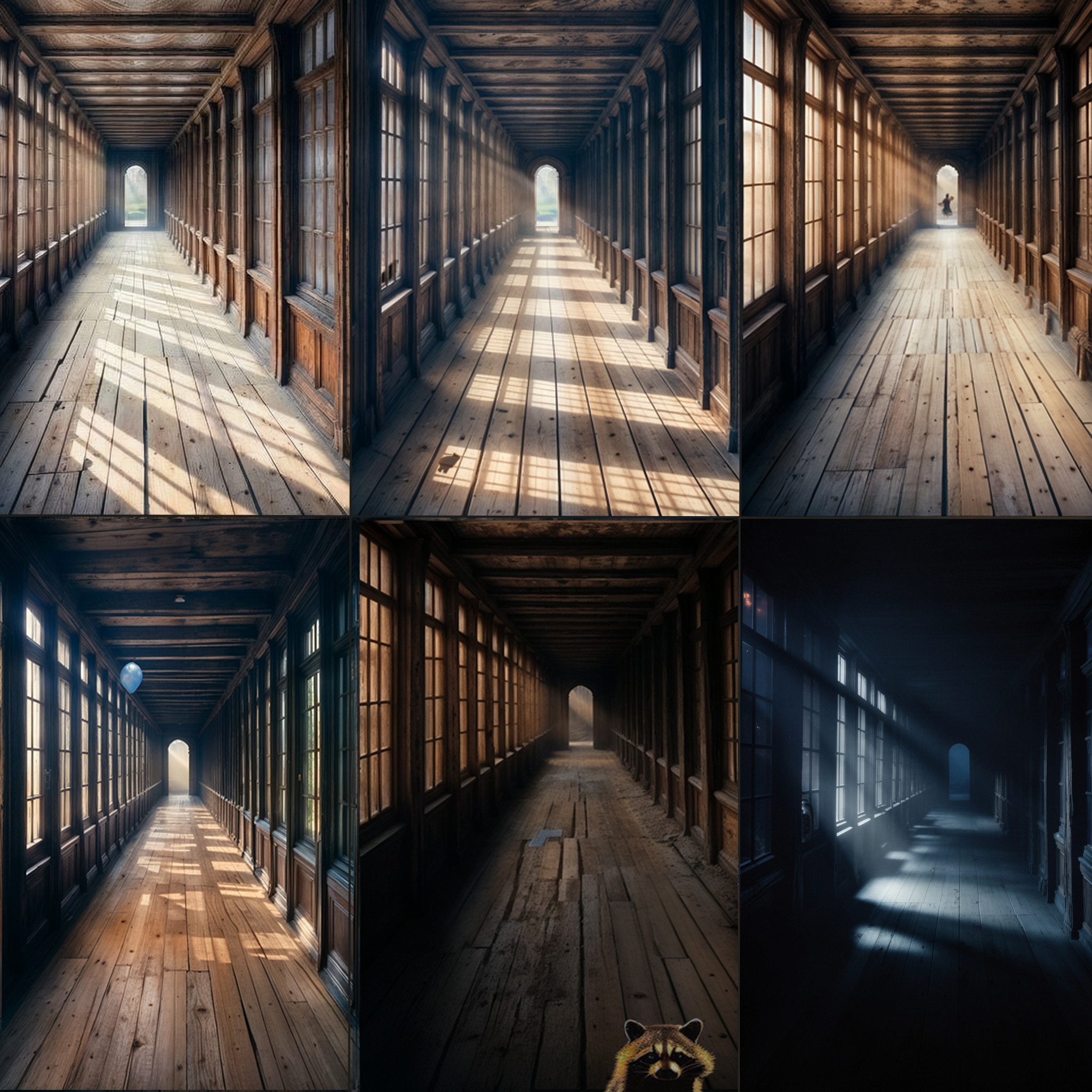 The cover art shows six shots of a long, narrow, wooden corridor with windows on one side and changing light patterns on the floor, each once with a person at the end, a balloon, and a raccoon at the very front.