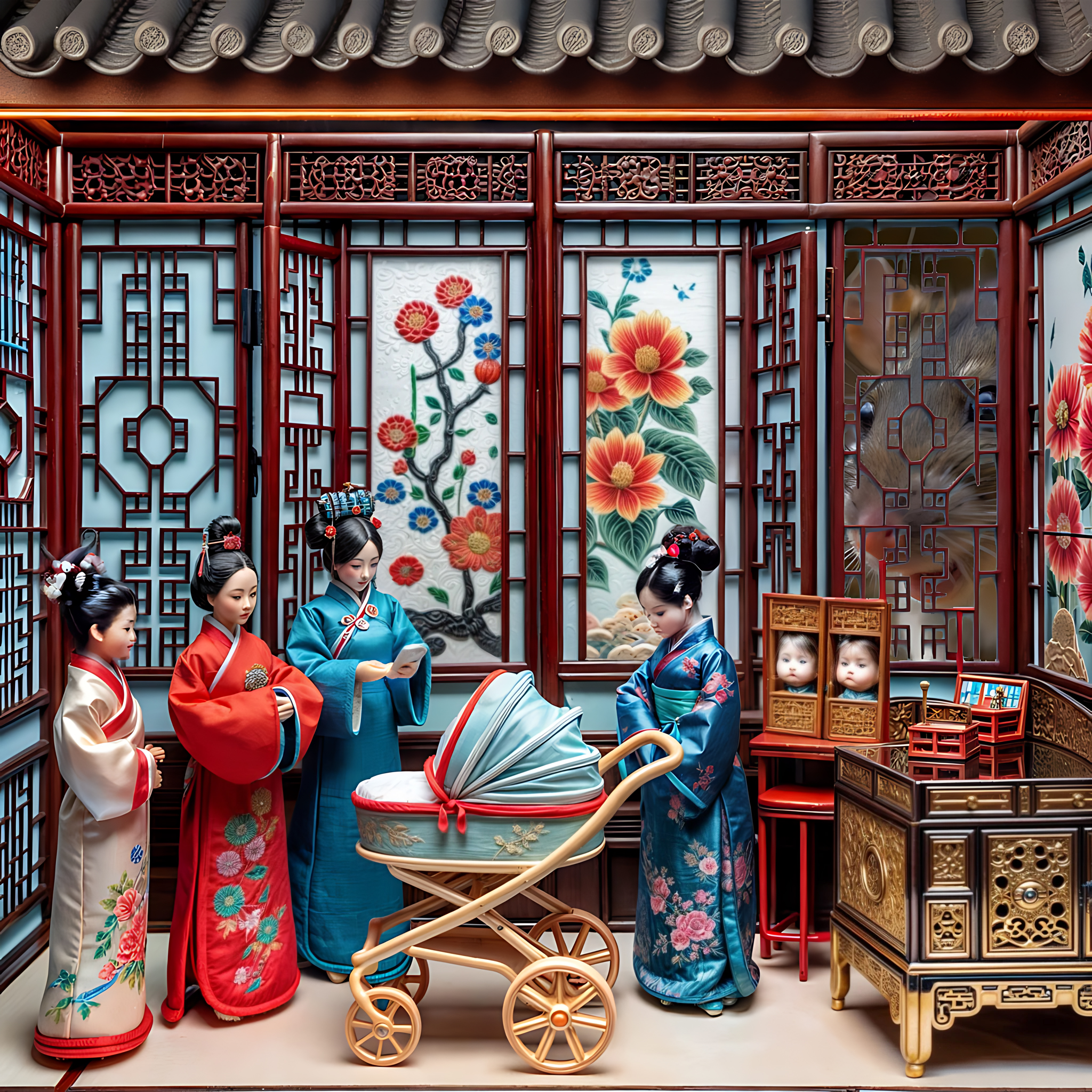 The cover art depicts four women, adorned in traditional Chinese attire, gathered around a baby carriage within a room graced by intricate wooden latticework and vibrant, painted floral walls. Unseen, a colossal rat watches them.