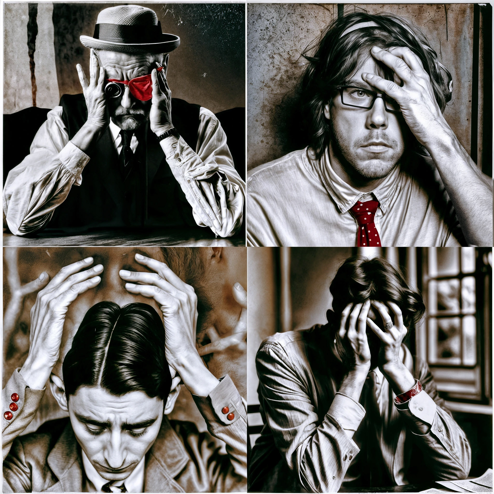 The cover art shows four black-and-white portraits: James Joyce with a red eye patch, David Foster Wallace with a red tie, Franz Kafka with red jacket buttons, and a person covering their face with their hands.