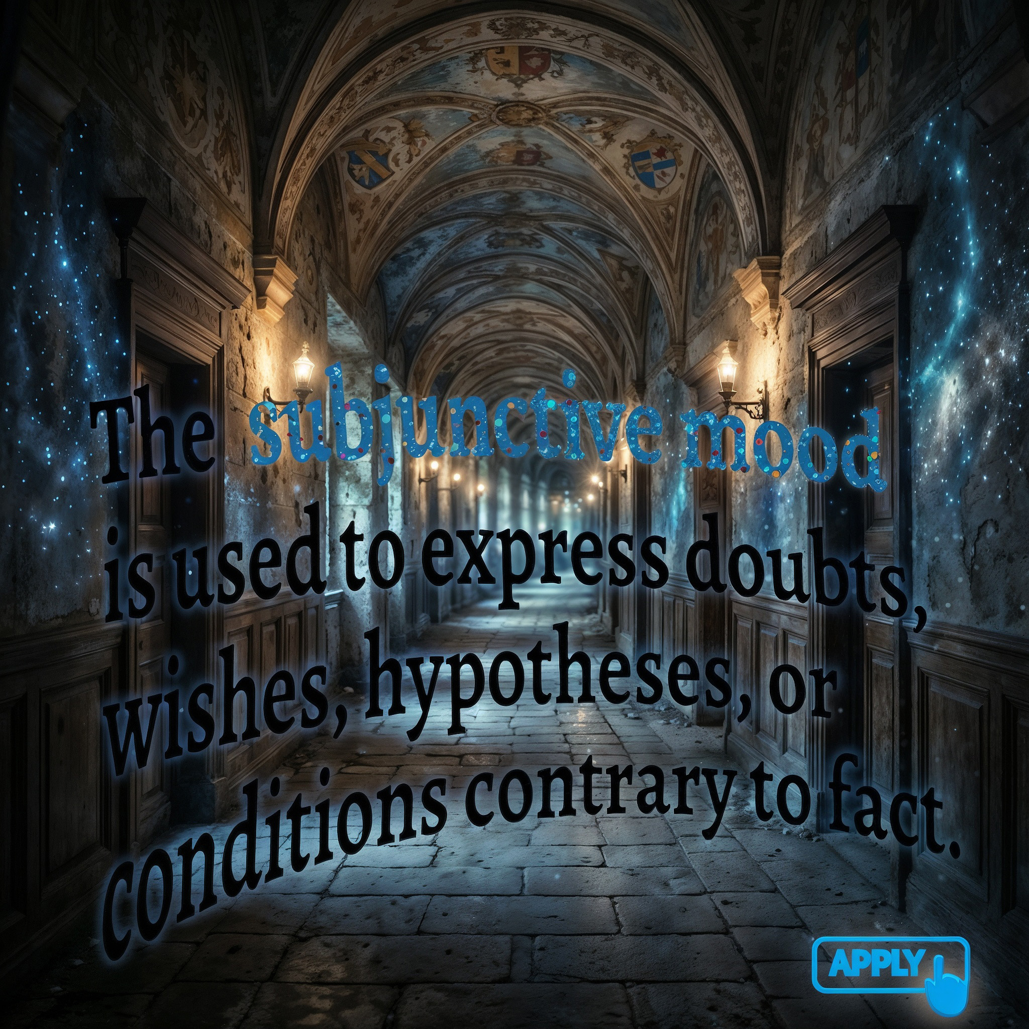 The cover art shows a long, arched hallway with ornate ceilings and walls, illuminated by wall sconces. Floating text in blue and black lettering explains the use of the subjunctive mood. An 'Apply' button hovers in the bottom right corner.