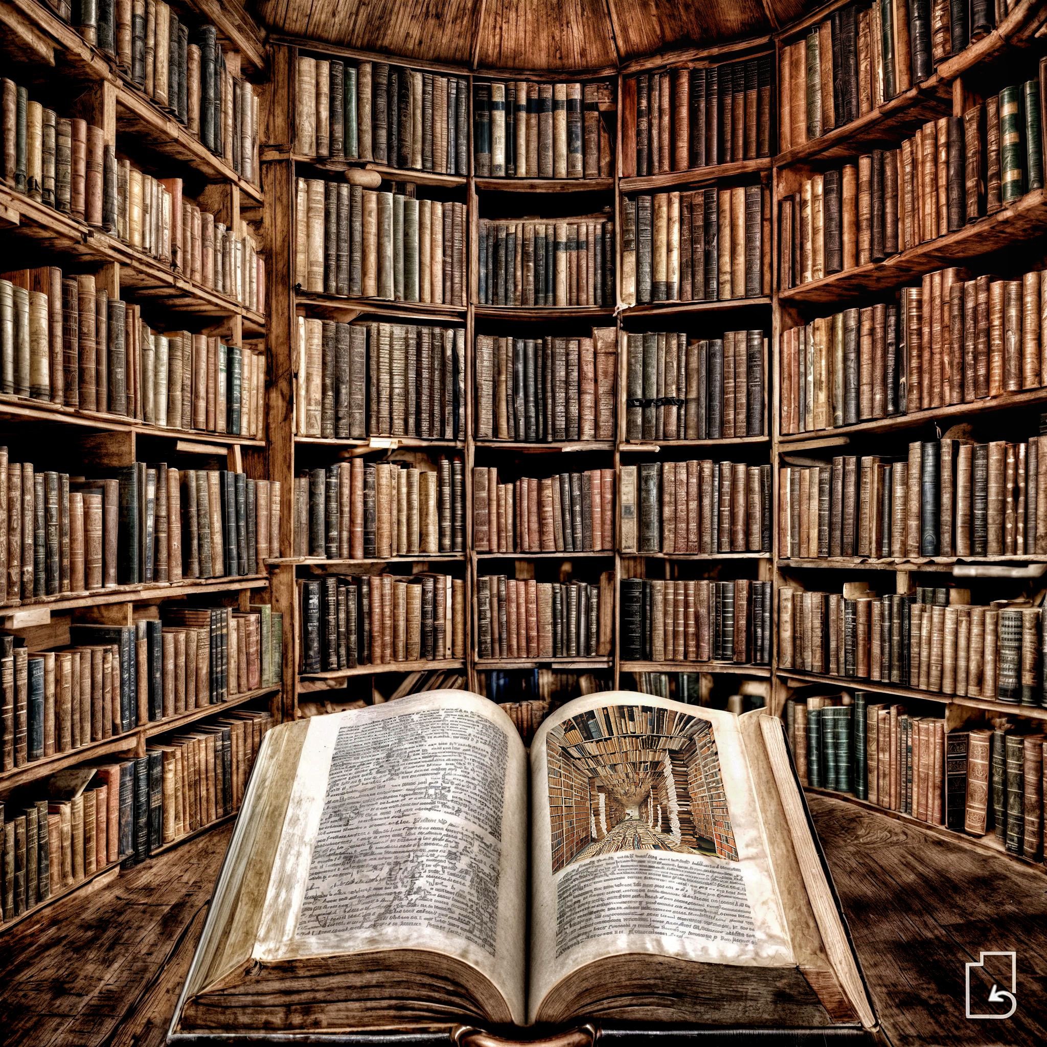The cover art depicts an antique, open book resting on a wooden table. Behind it, a circular room's wall is lined with towering shelves, packed to capacity with venerable tomes. The book itself mirrors this scene, presenting an illustration of a book-laden chamber, yet minus any single volume left ajar.