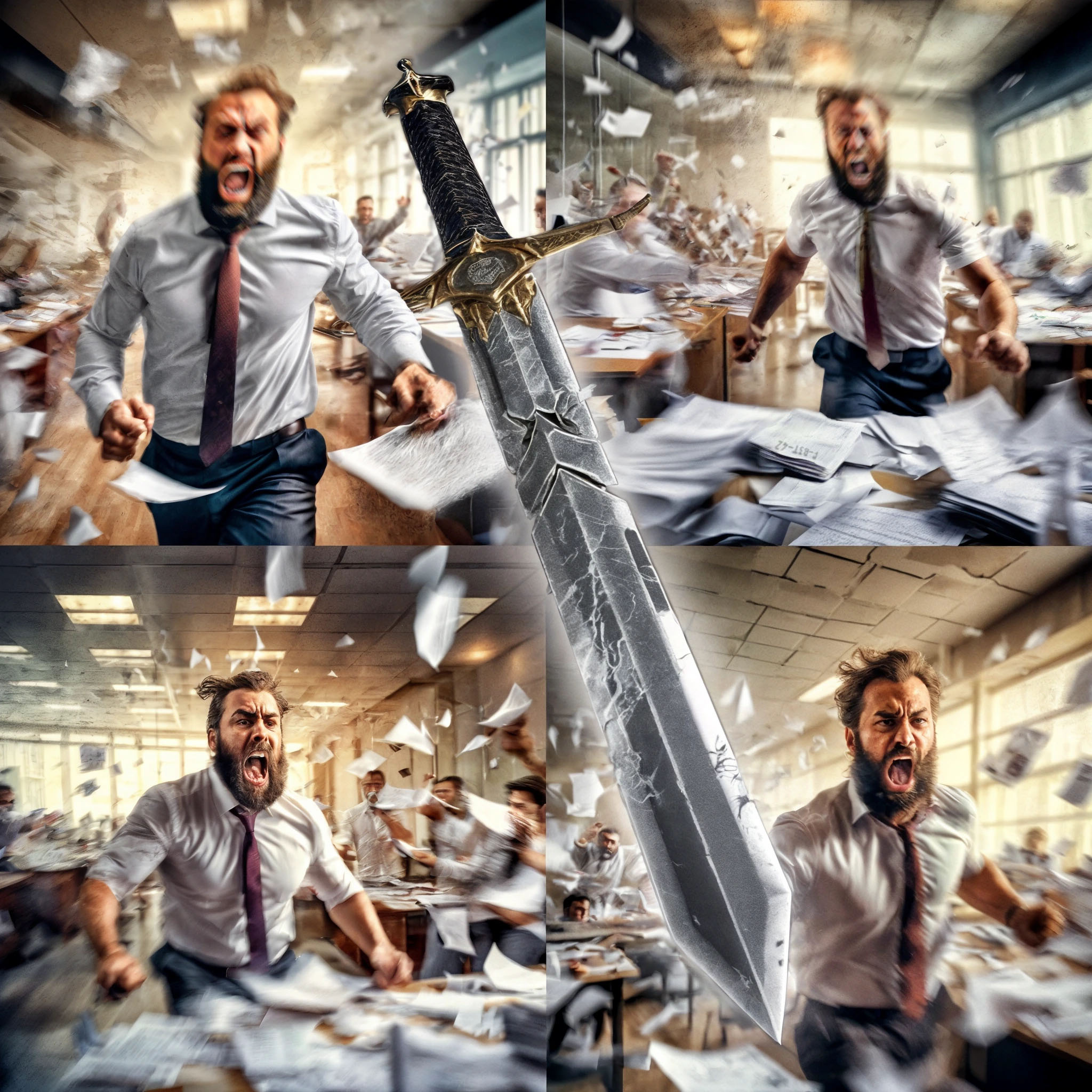 The cover art shows, in four scenes, an angry man in shirt and tie, who runs in an office with flying papers and blurred colleagues. Dominating the frame is a large, intricately detailed sword.