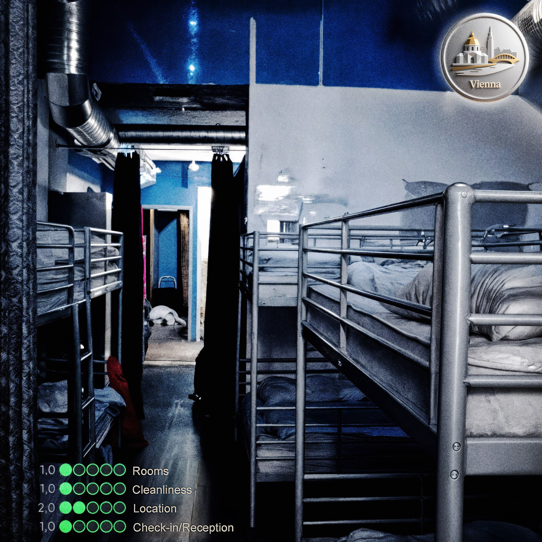 The cover art depicts a hostel dorm furnished with metal bunk beds. A digital badge highlights a "Vienna" scene. Meanwhile, a review snippet flags poor marks for "Rooms," "Cleanliness," and similar categories.