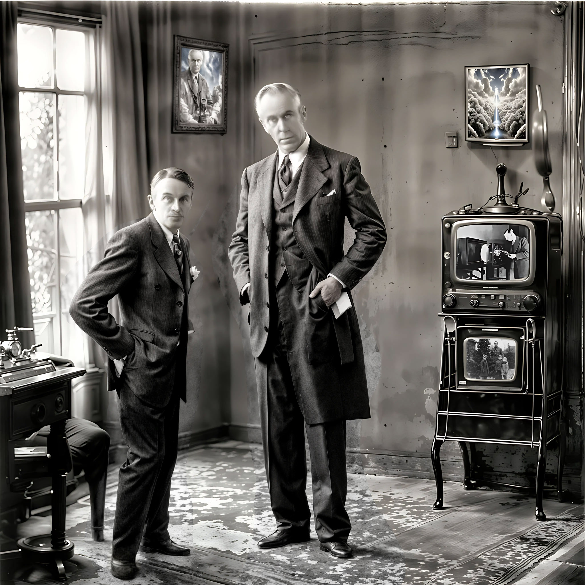 The cover art depicts two suited gentlemen in a vintage room, complete with carpeting, a desk, a pair of old-school TVs on a stand, and two framed artworks adorning the walls.