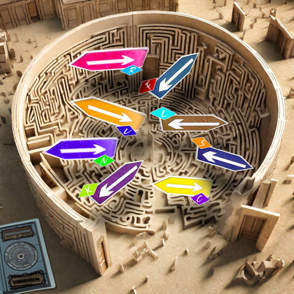 The cover art depicts a circular, amphitheater-style maze. Colorful arrows, each bearing a letter within a colored square, indicate various directions. A book is placed near the entrance.
