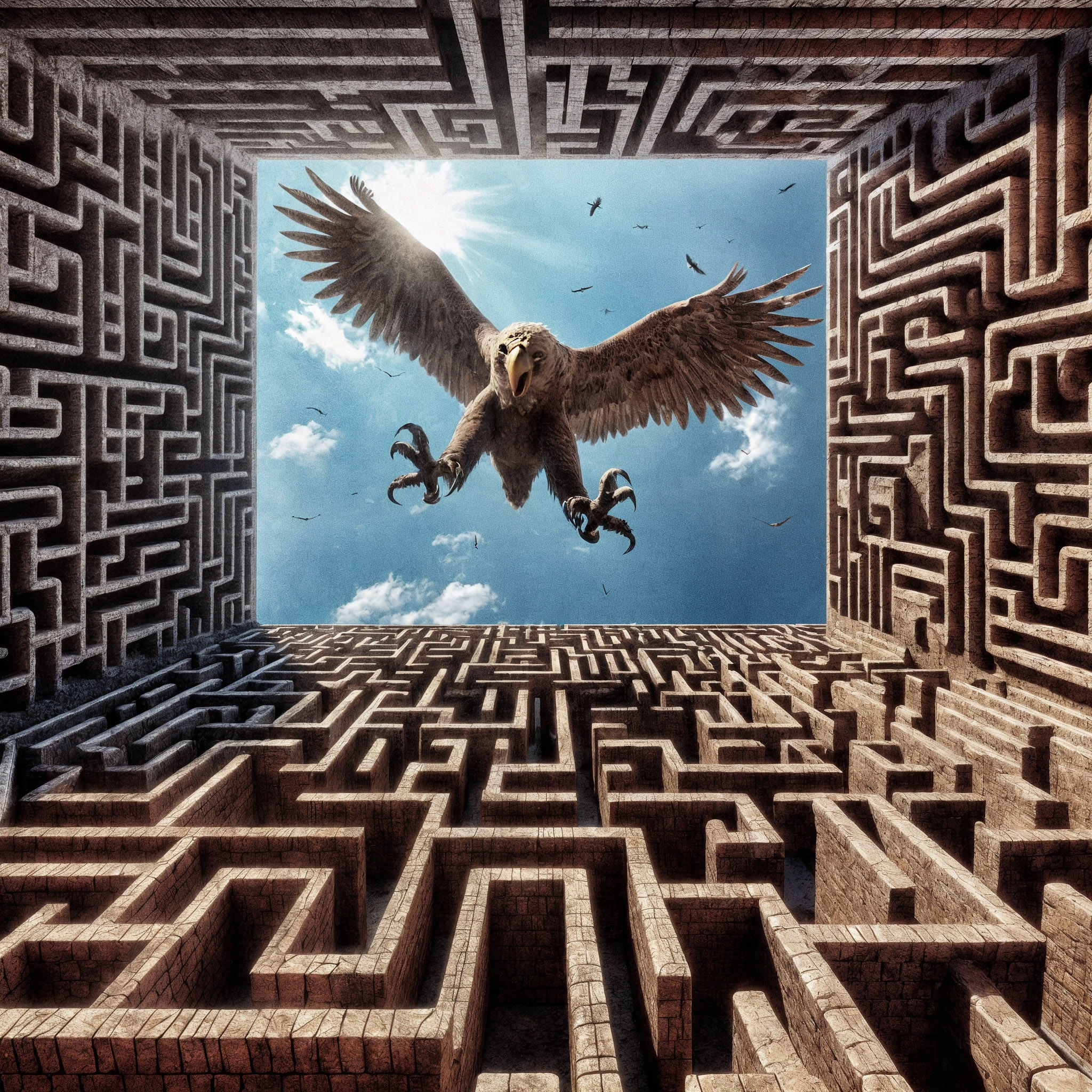 The cover art captures a dramatic upward view from a maze-like stone fortress, focusing on an eagle in mid-assault, its wings outstretched and talons poised against a backdrop of a cloudy blue sky dotted with other birds.