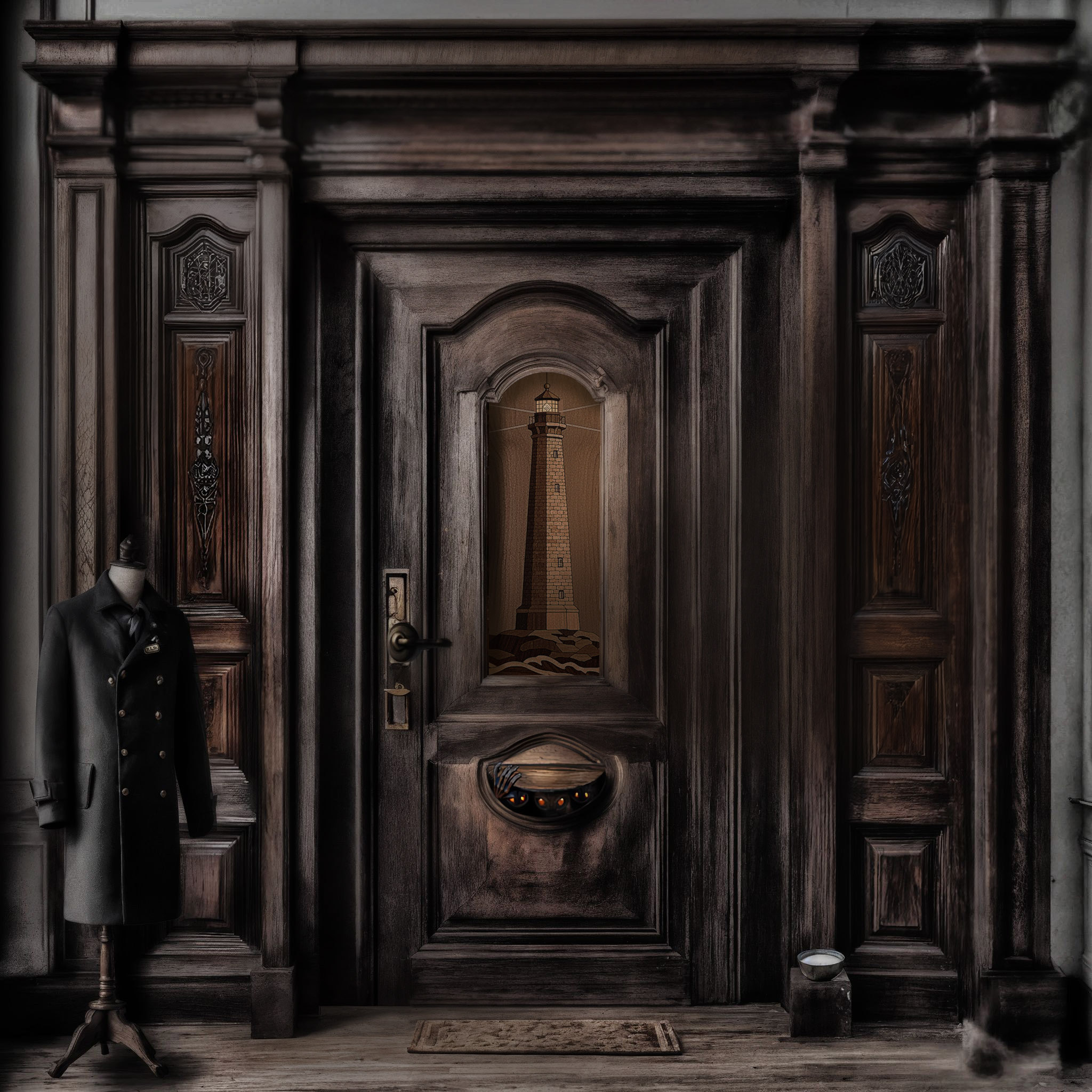 The cover art depicts a wooden door with an inset picture of a lighthouse, flanked by a suit on a tailor's dummy and a small stool in a dark room.
