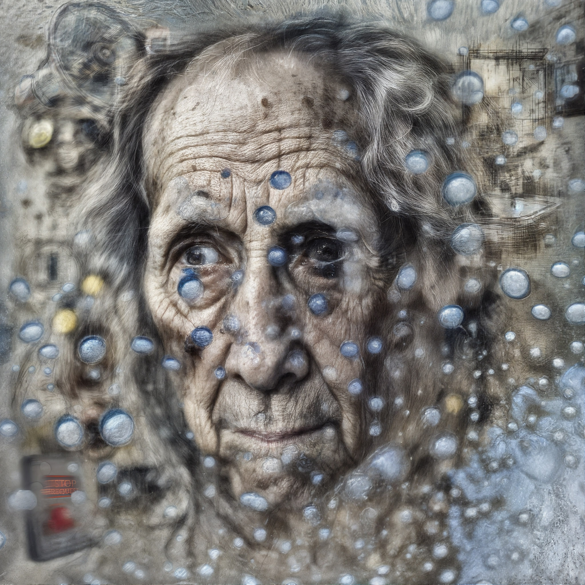The cover art presents a portrait of an elderly individual with flowing long, white hair, their visage obscured by a cascade of translucent, azure orbs. Peeking through this ethereal veil, one can discern a megaphone and a red emergency button.