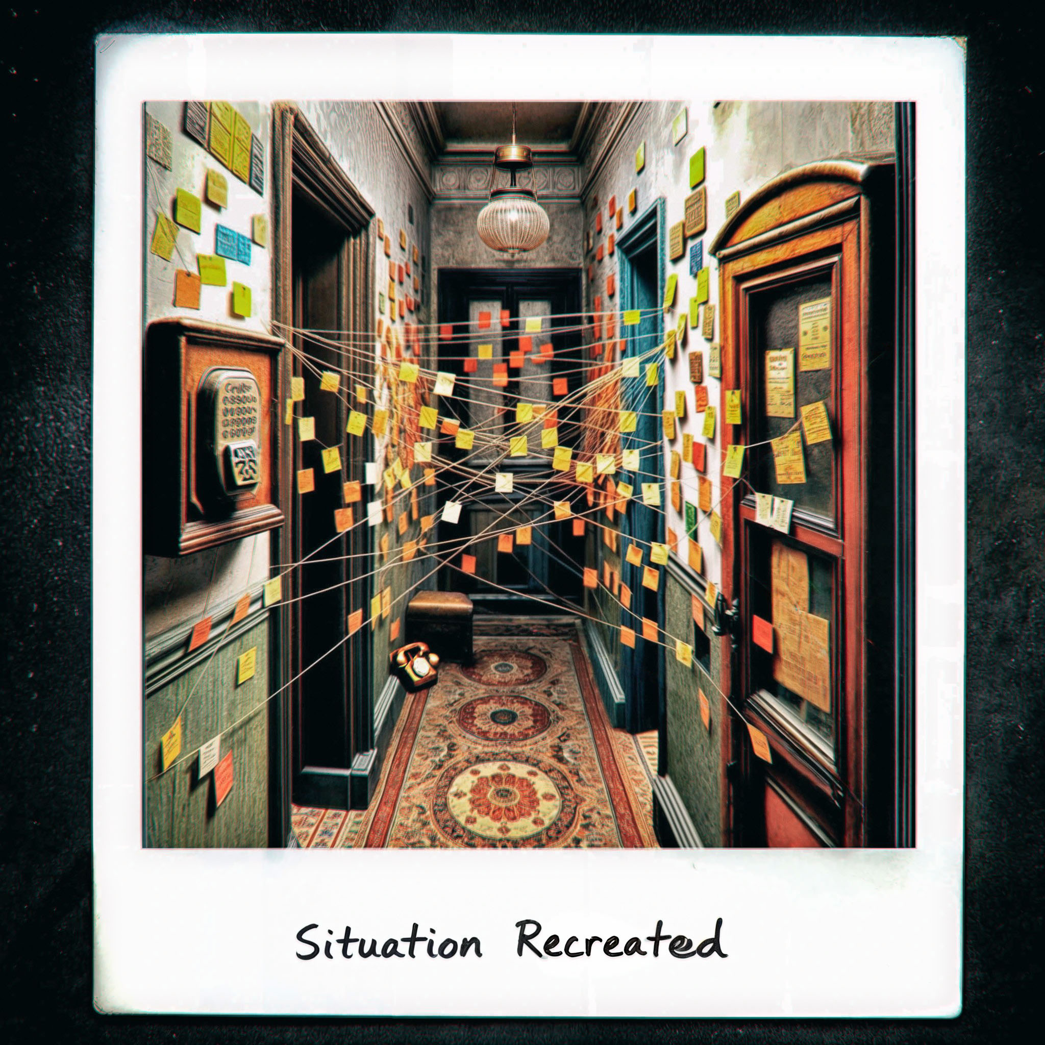 The cover art is a Polaroid showing a hallway with many colored sticky notes on the walls and threads stretched between the notes. The hallway is carpeted; an old rotary dial telephone stands on the floor. The Polaroid bears the caption: "Situation Recreated."