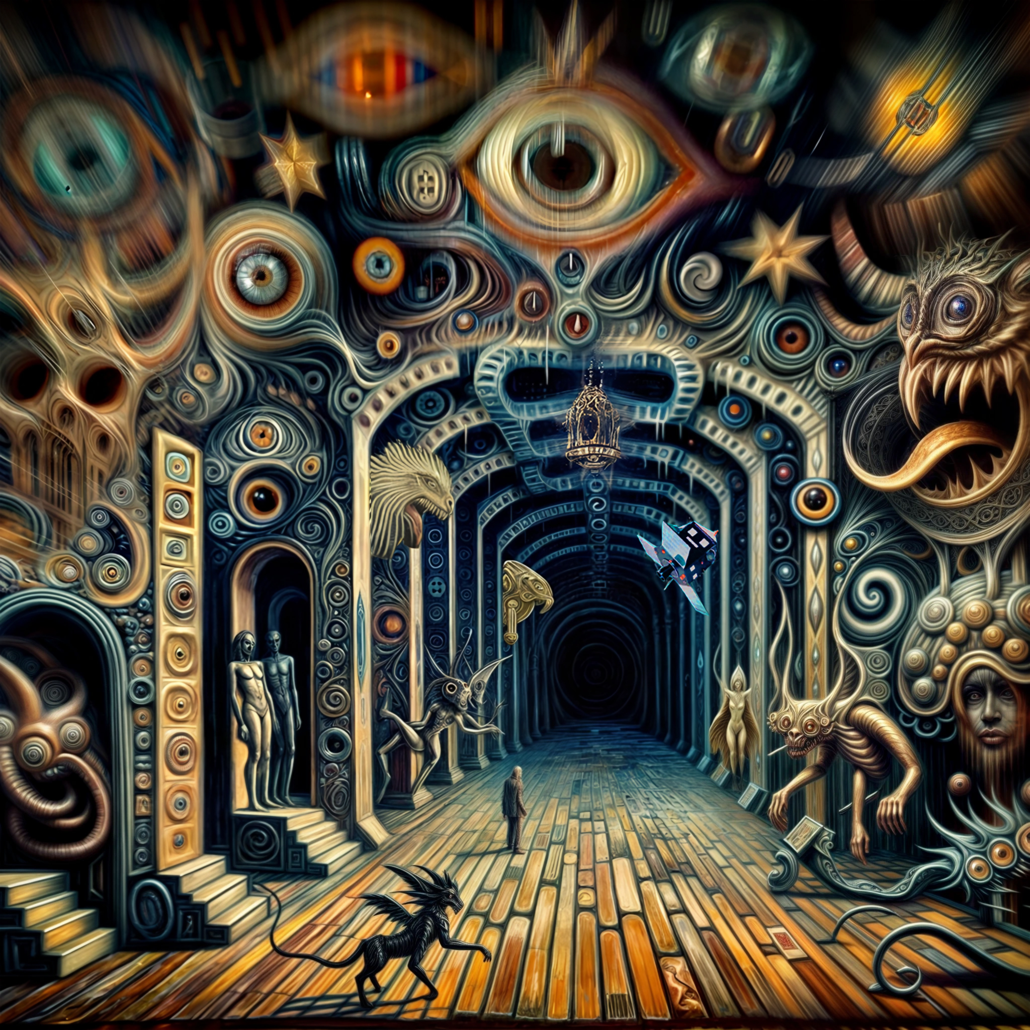 The cover art depicts a surreal, detailed representation of a long corridor lined with eyes and stars, with bizarre creatures and figures on a wooden plank floor. A satellite floats in the background.