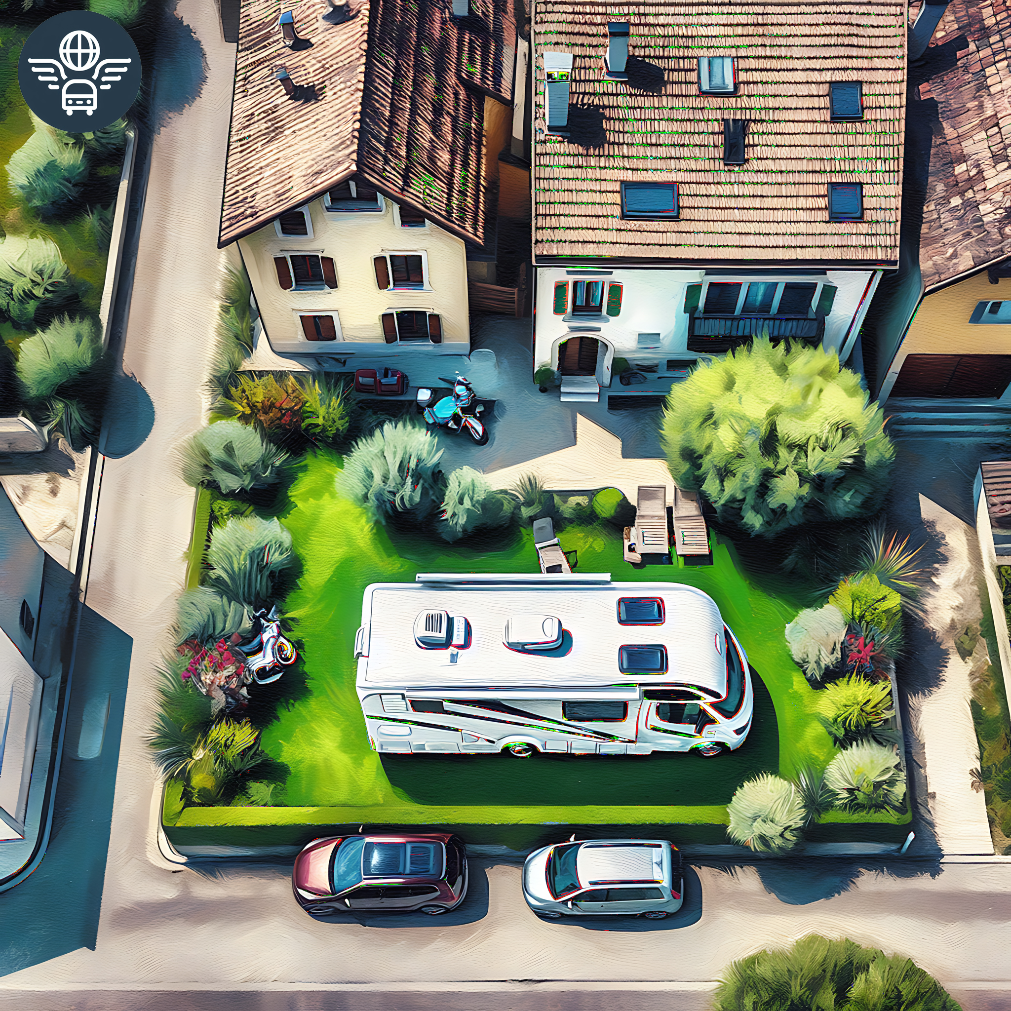The cover art shows an aerial view of a residential building with an adjacent garden, in which a motorhome is parked, surrounded by bushes and two parked cars on the street in front of it. A digital button in the upper left shows the icon of a vehicle with wings below a globe.