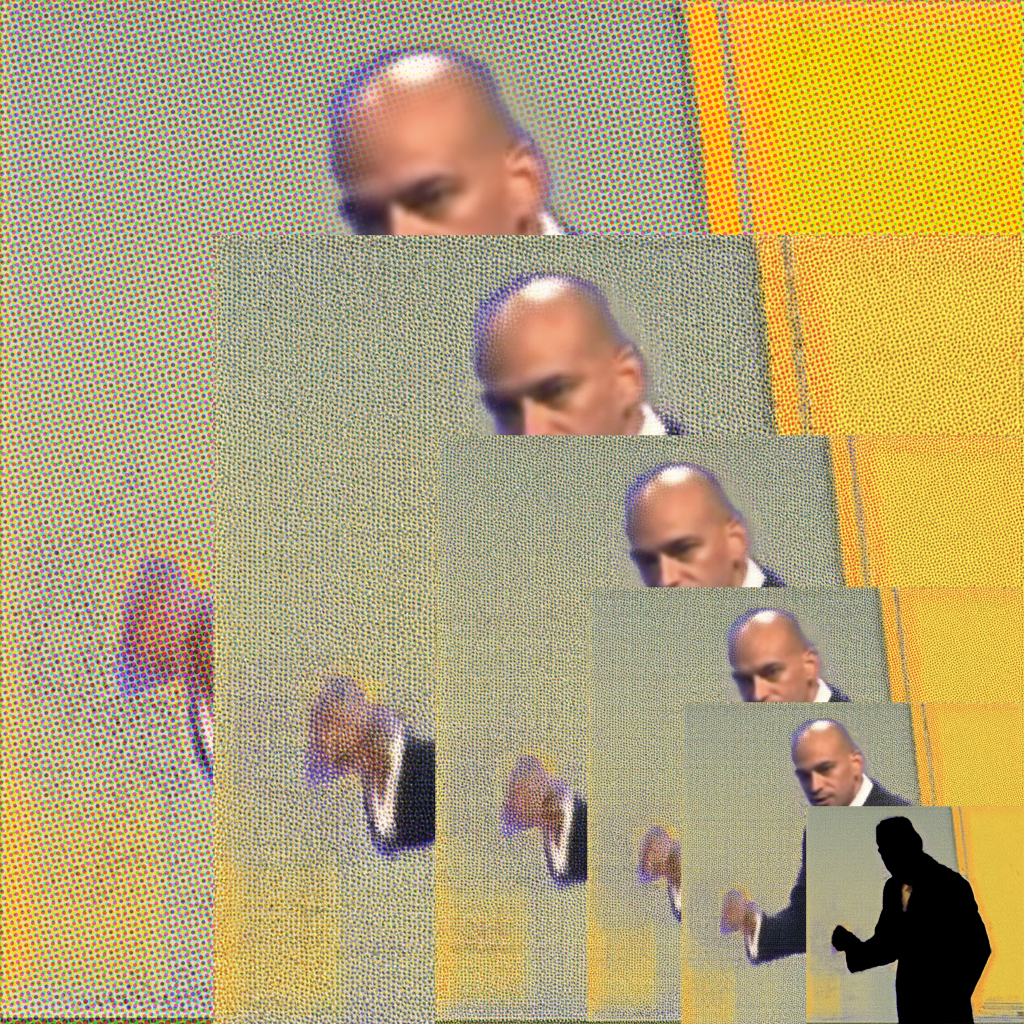 The cover art presents a bald man, his likeness rendered in a pixelated, layered style against a yellow canvas. With his right hand, he makes a gesture, while his black silhouette, accented by a golden tie, occupies the bottom right quadrant.