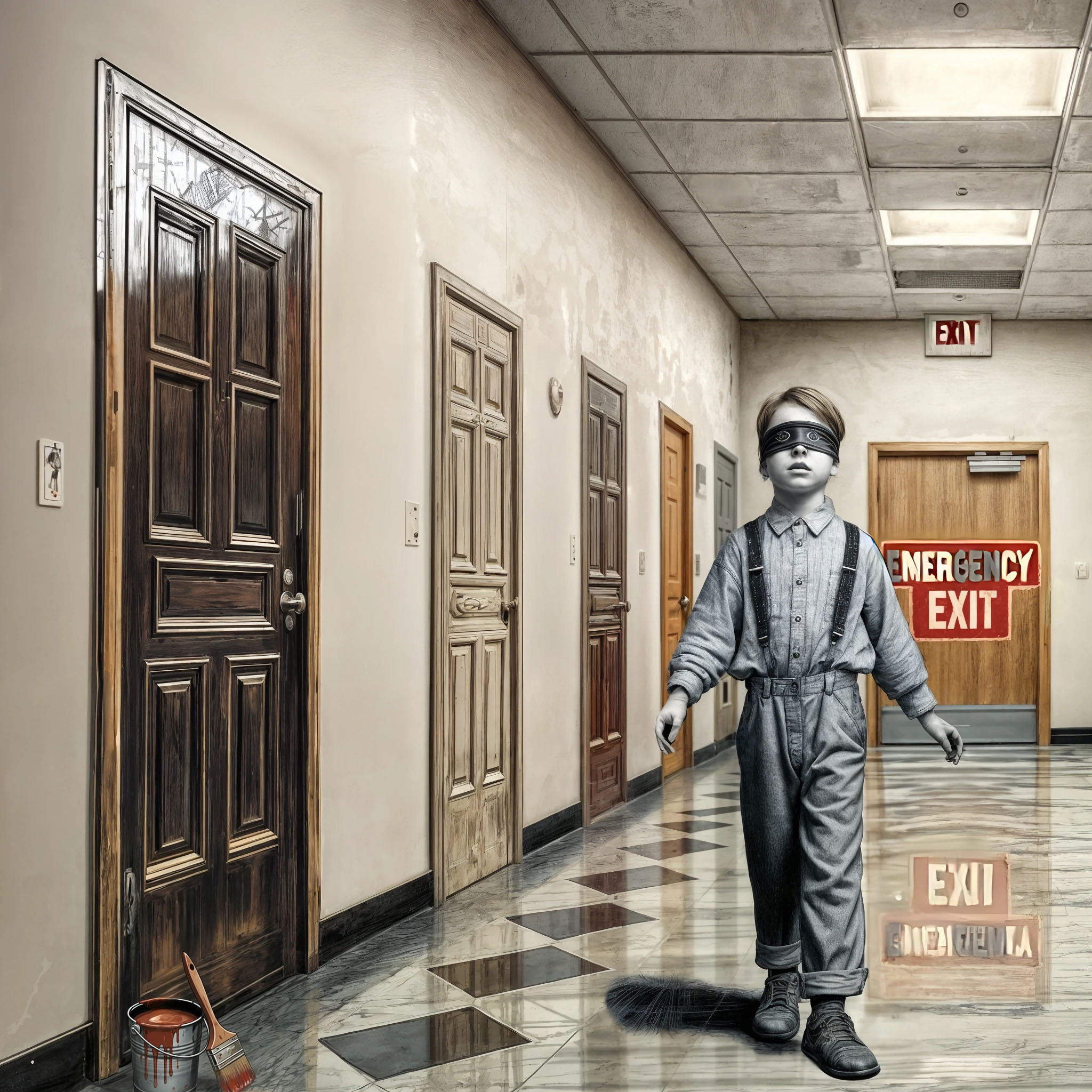 The cover art depicts a boy with suspenders and a shirt. He is wearing a blindfold with open eyes printed on it and is walking past some doors. A paint bucket and a partly drawn door indicate that the doors are only painted. In the background, one bears the inscription "EMERGENCY EXIT".