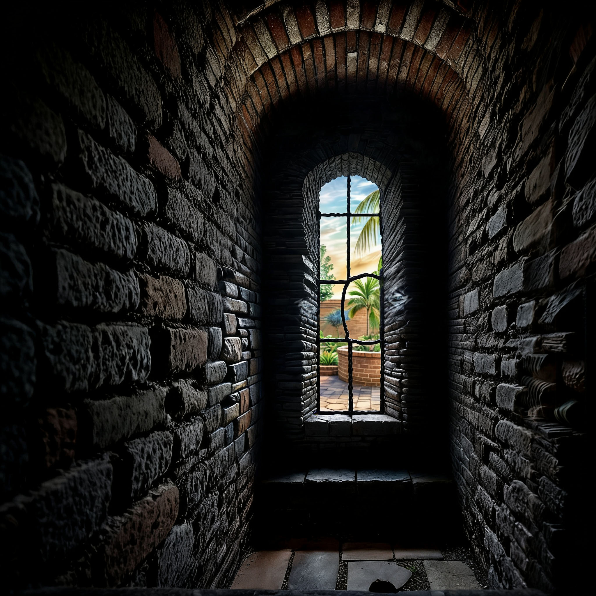 The cover art depicts a tight, shadowy passageway lined with brick. A narrow, arched window, its bars bent, offers a glimpse of a sunlit terrace adorned with a palm against a clear blue sky.