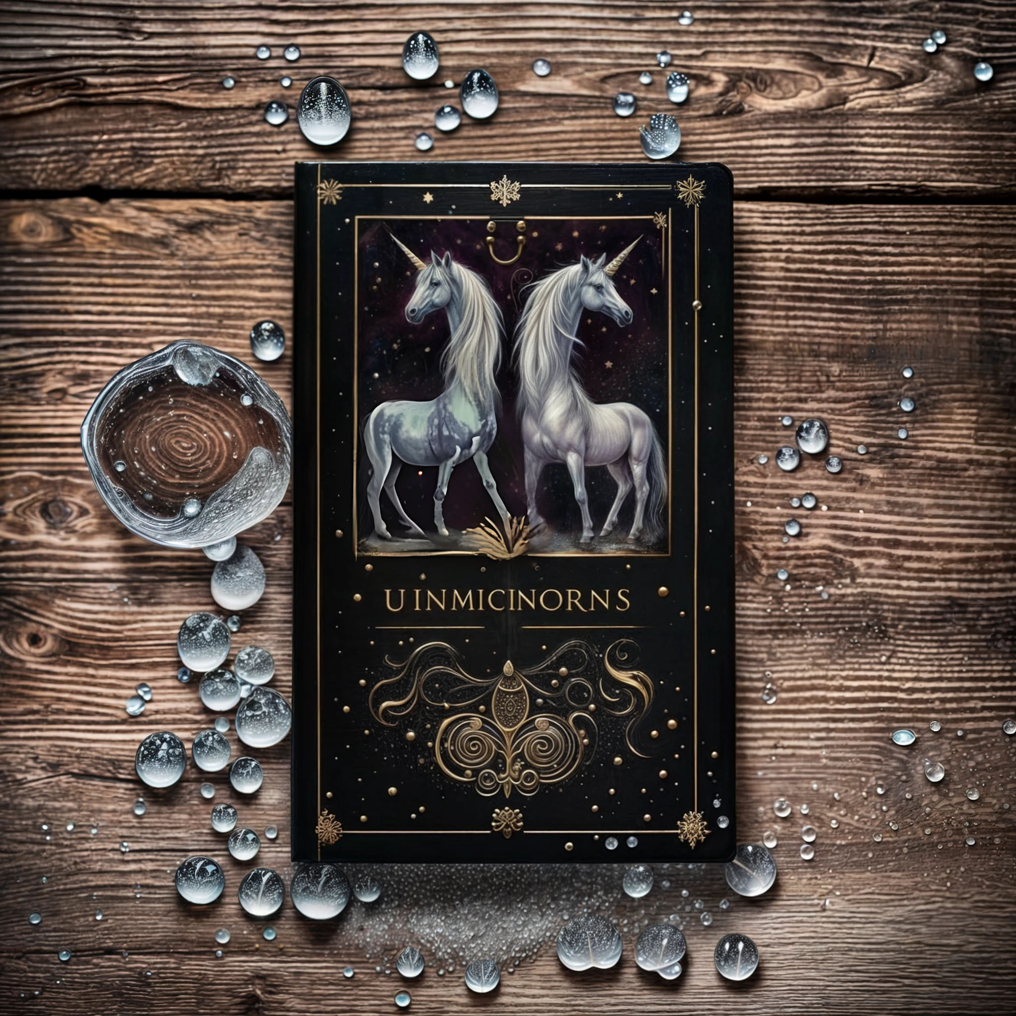 The cover art depicts a book cover with two white unicorns in front of a dark starry sky, surrounded by golden embellishments and the lettering 'UINMICINORNS', on a wooden surface with scattered water droplets.