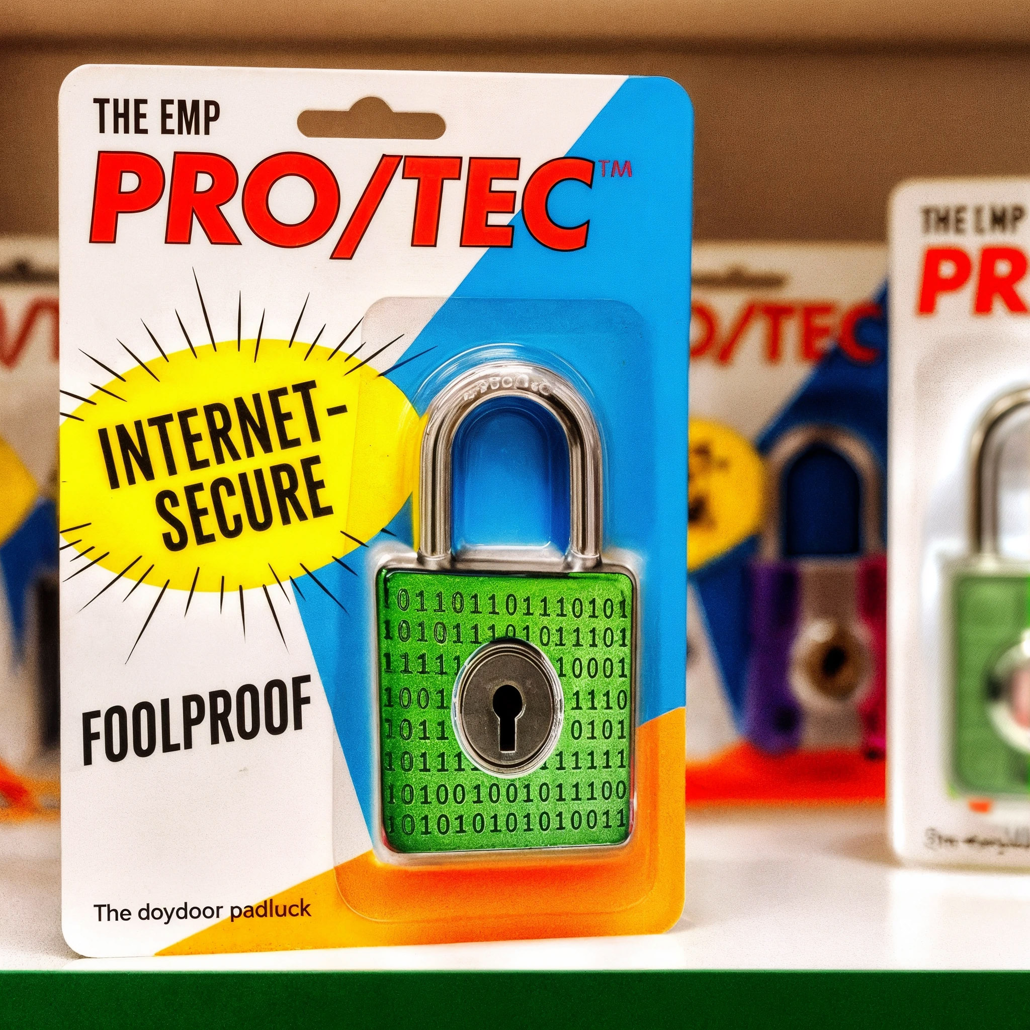 The cover art depicts a green padlock without a key in its packaging, printed with the texts 'THE EMP PRO/TEC', 'INTERNET-SECURE', 'FOOLPROOF', and 'The doydoor padluck'. The lock itself is printed with binary code.