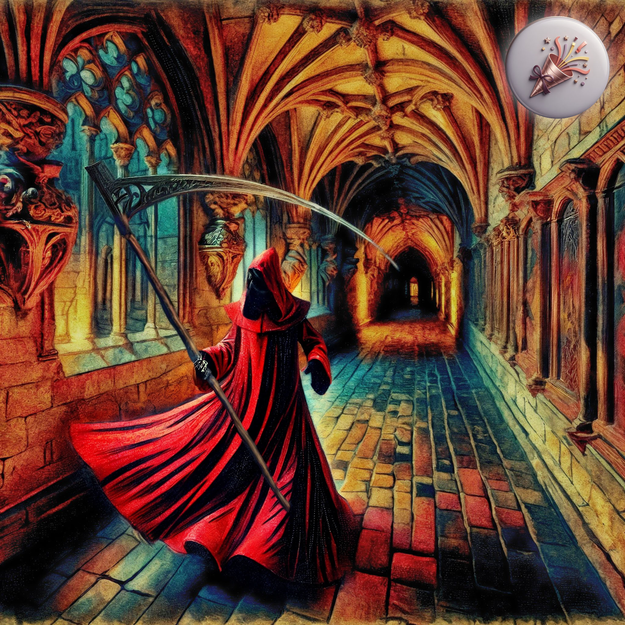 The cover art features a hooded figure in crimson, wielding a scythe, traversing a gothic archway with a stone floor and intricate windows. On the upper right, a digital button displays an icon representing celebration or surprise.