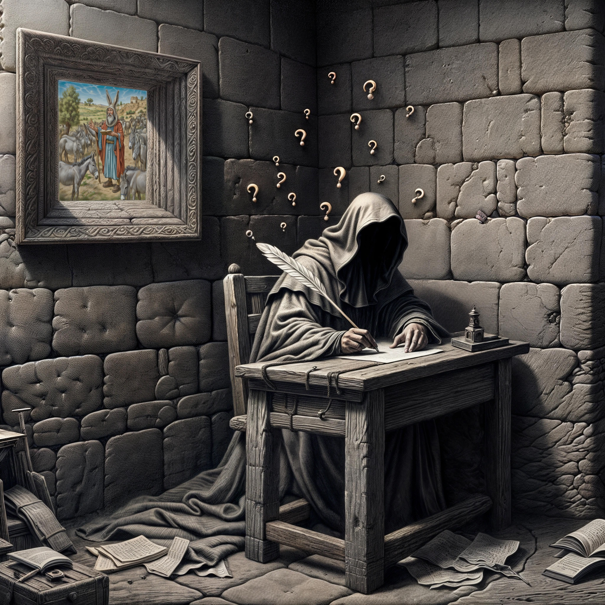 The cover art depicts a figure draped in a hooded cloak, sitting at a wooden table in a windowless room, writing on paper surrounded by scattered sheets and an ink bottle, while several question marks hover above the figure. On the wall hangs a framed portrait of a man in a donkey costume, standing among a group of donkeys.